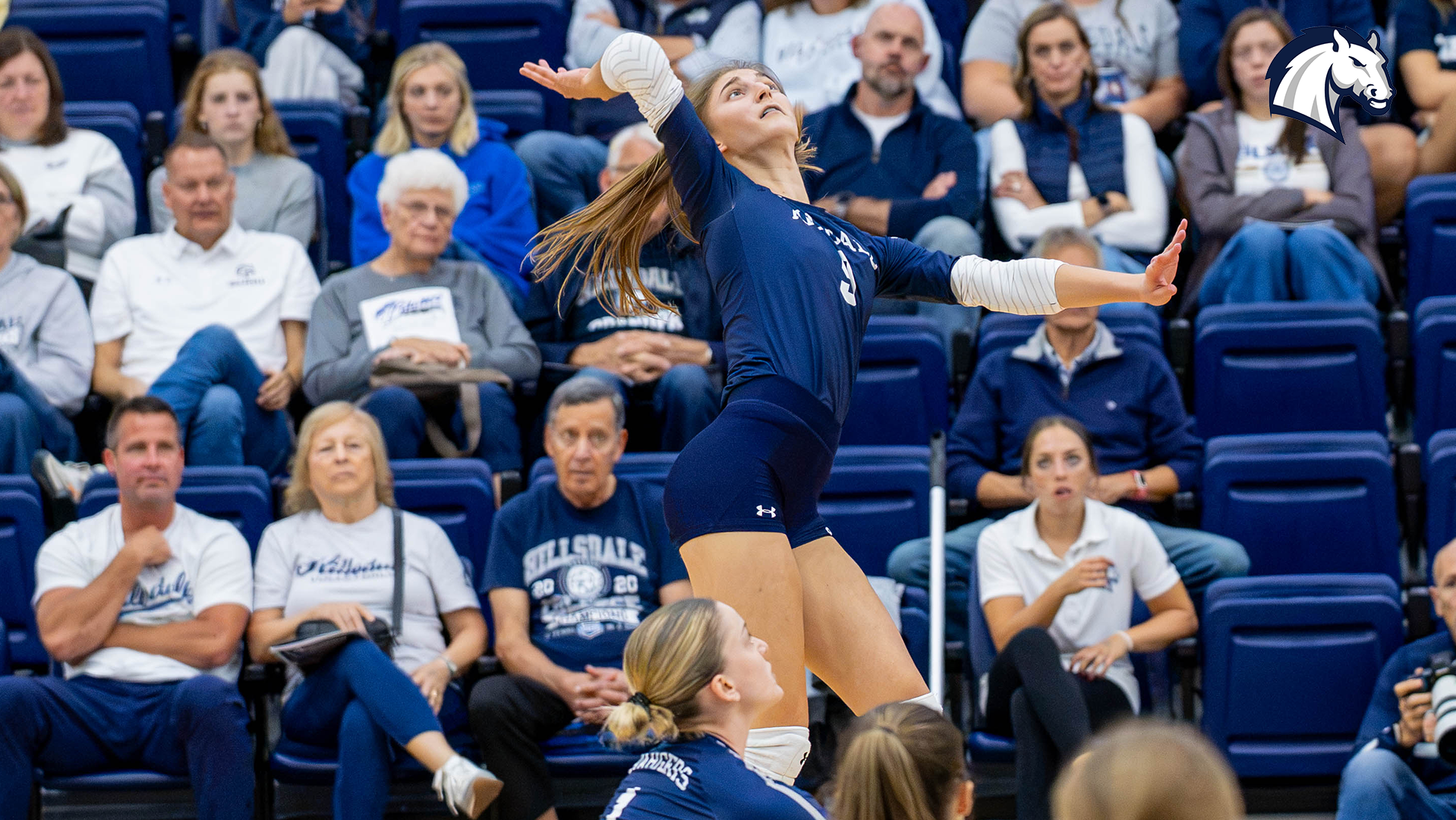 Hillsdale's Taylor Brownsword goes for a kill against Kentucky Wesleyan on Sept. 25, 2026.