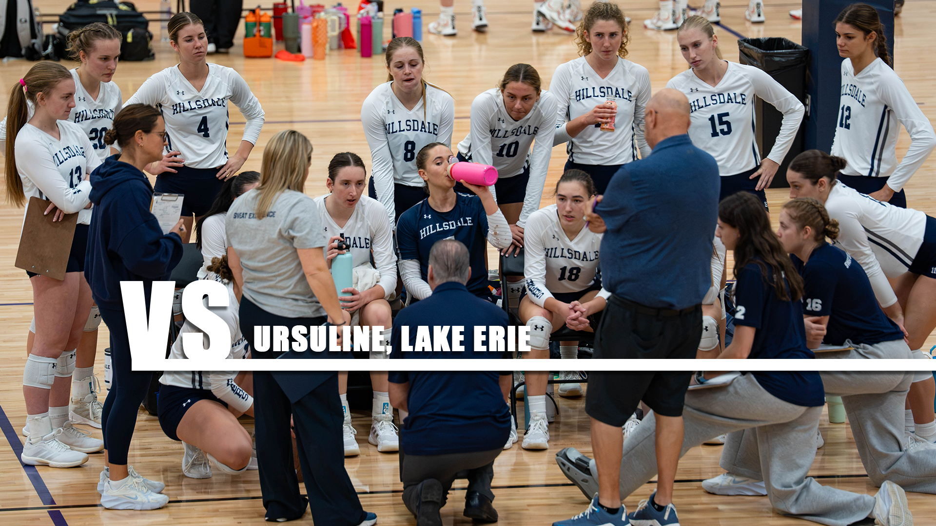 Hillsdale's volleyball team in the huddle during a match at the Midwest Regional Crossover on Oct. 16, 2026 in Hammond, Indiana.