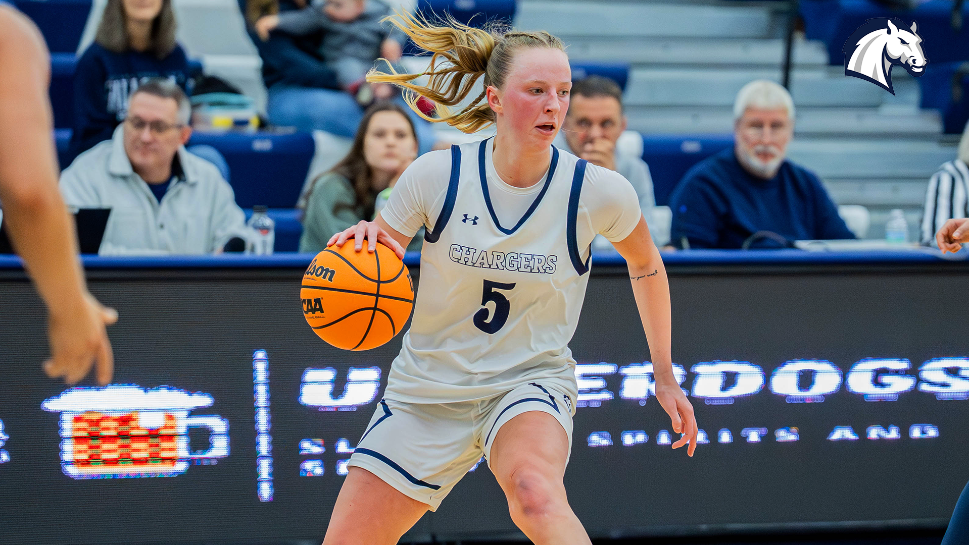 Hillsdale's Sarah Aleknavicius dribbles the ball up the court against Northwood during a game in the 2025-26 season.