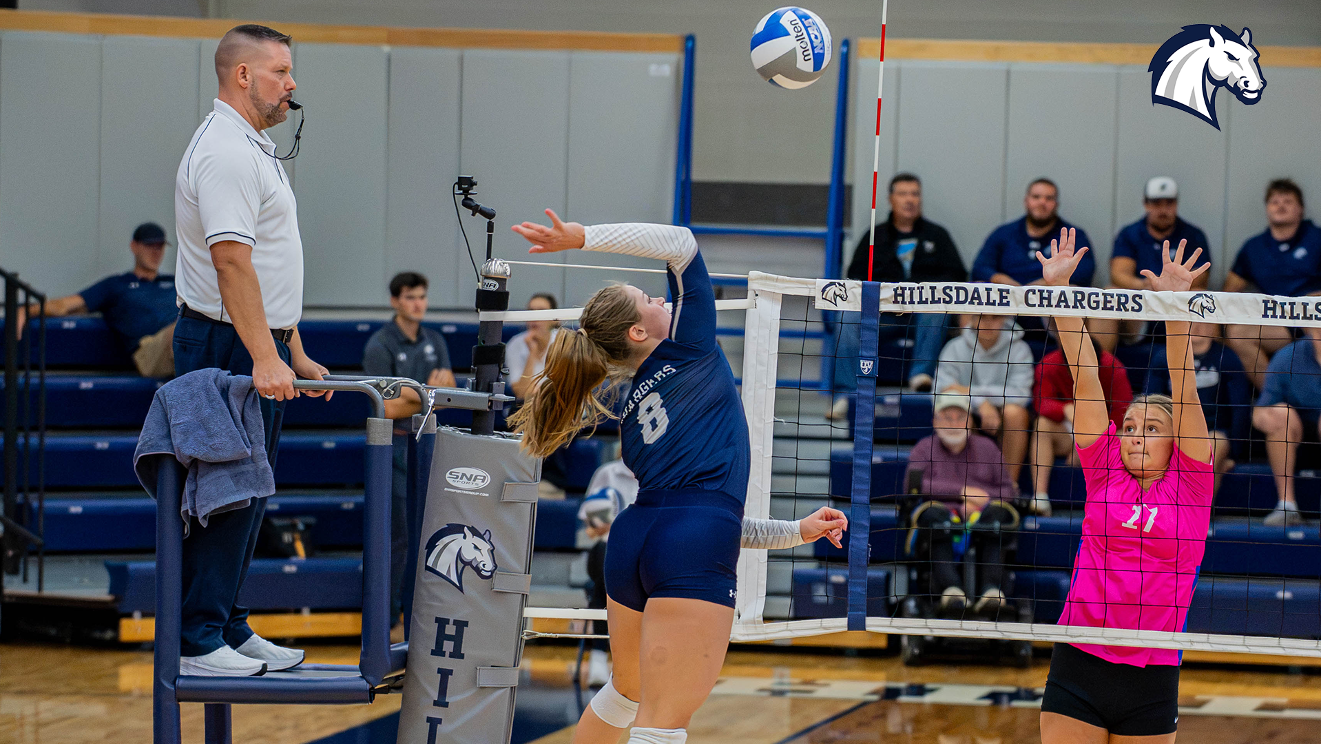 Hillsdale's Maddie Krappmann skies for an attack during an Oct. 23, 2026 match against Ursuline.