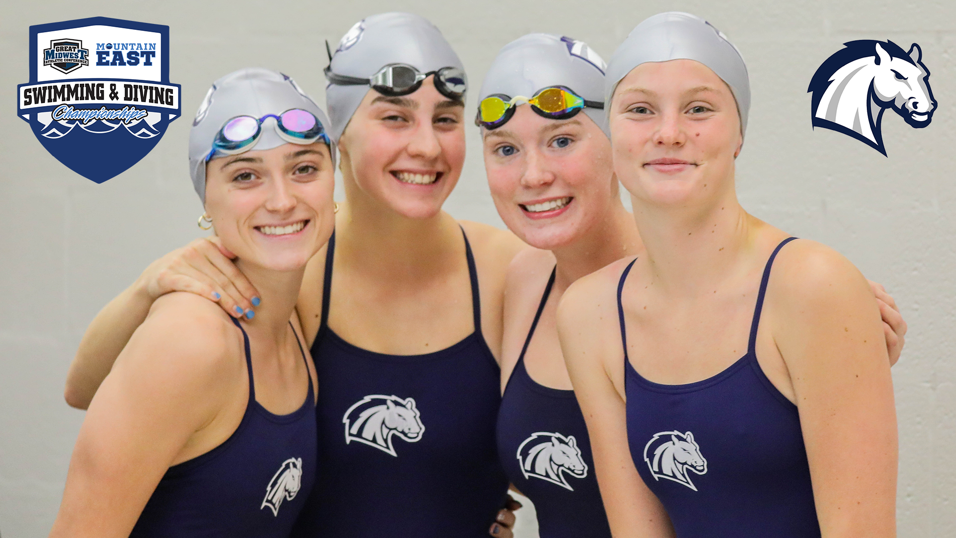 Members of a Hillsdale women's swimming and diving relay team pose for a photo before a race at the Oberlin Invite on Oct. 10, 2025.