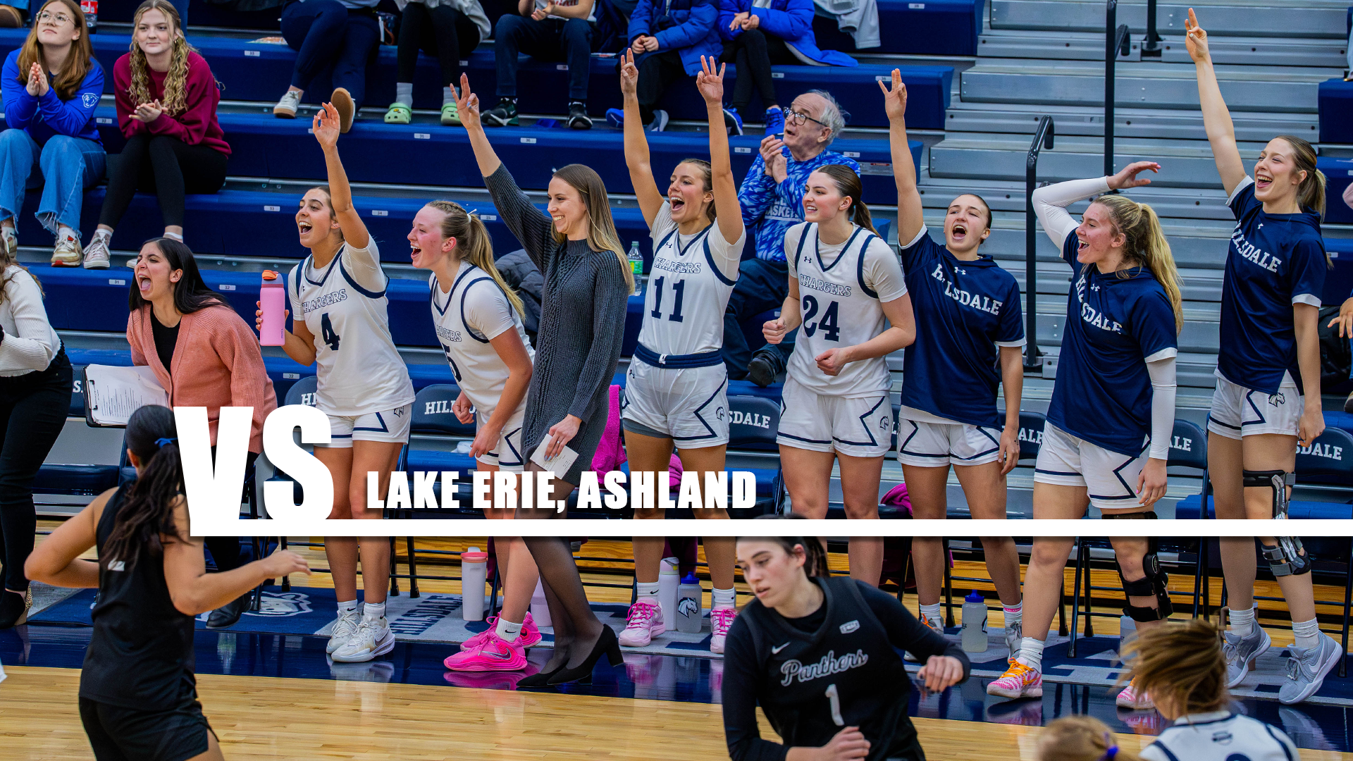 Hillsdale's bench celebrates a made 3-pointer against Ohio Dominican on Feb. 7, 2026.