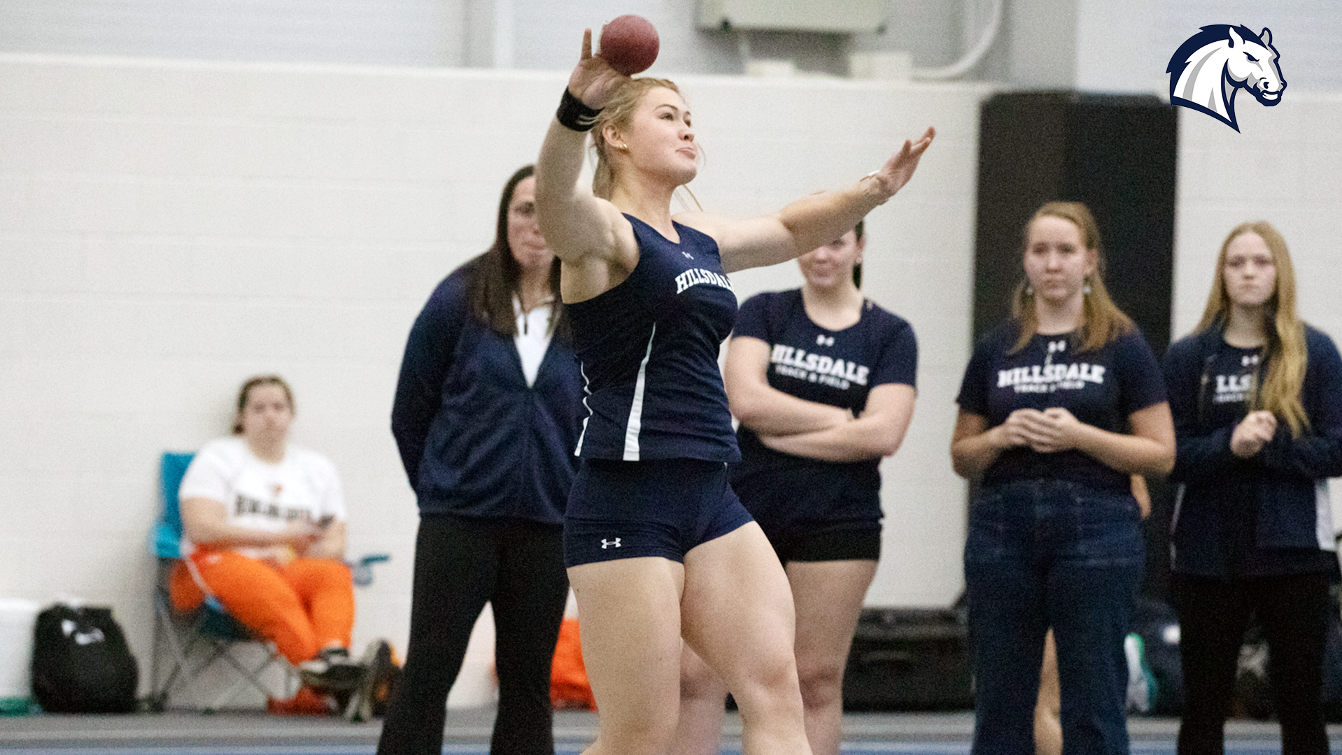 Hillsdale's Sofia Boonzaaijer competes in the shot put at the GVSU Big Meet on Feb. 13, 2026.