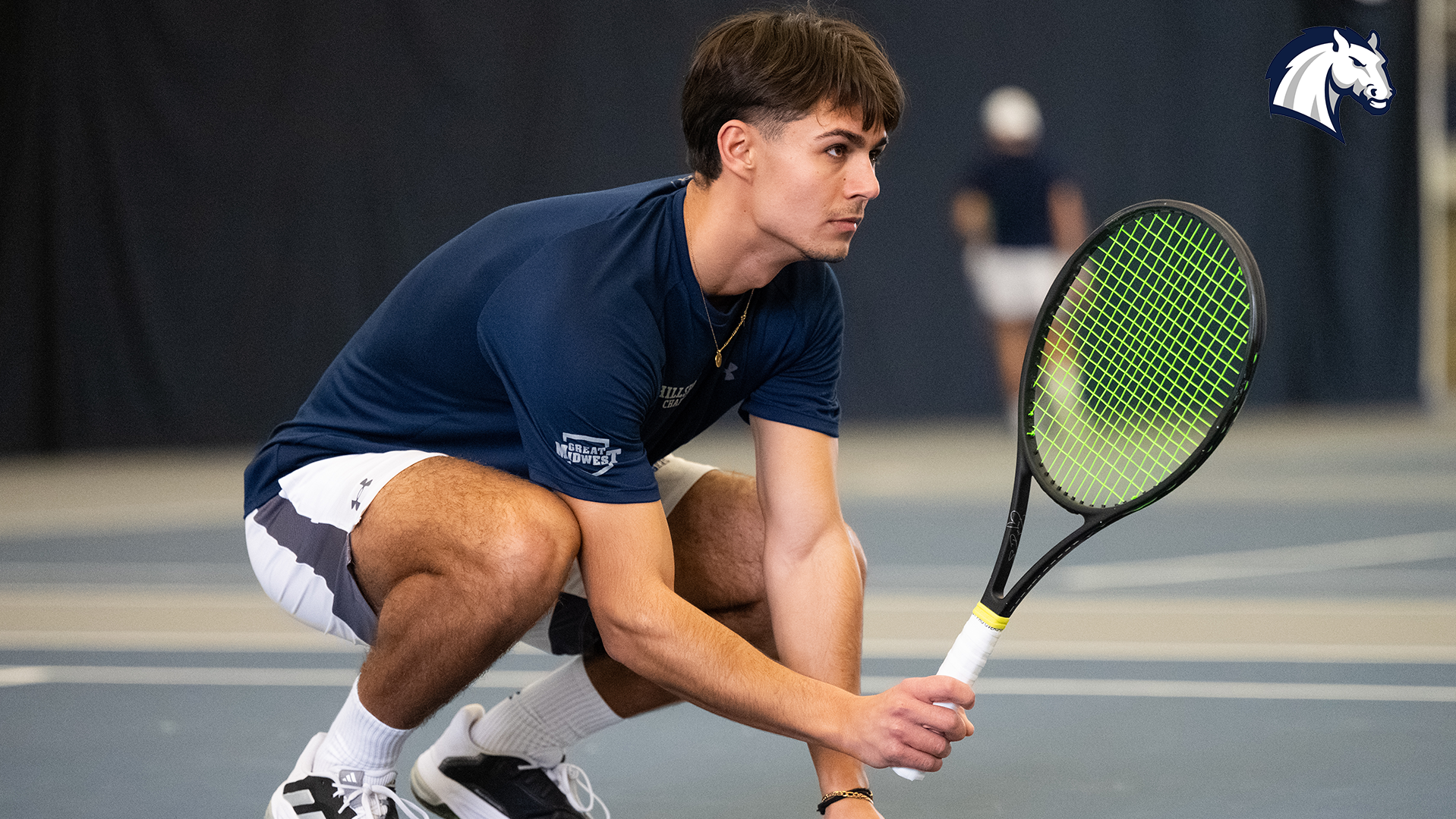 Hillsdale's Ryan Papazov waits for a serve during doubles play against Goshen on Feb. 7, 2026.