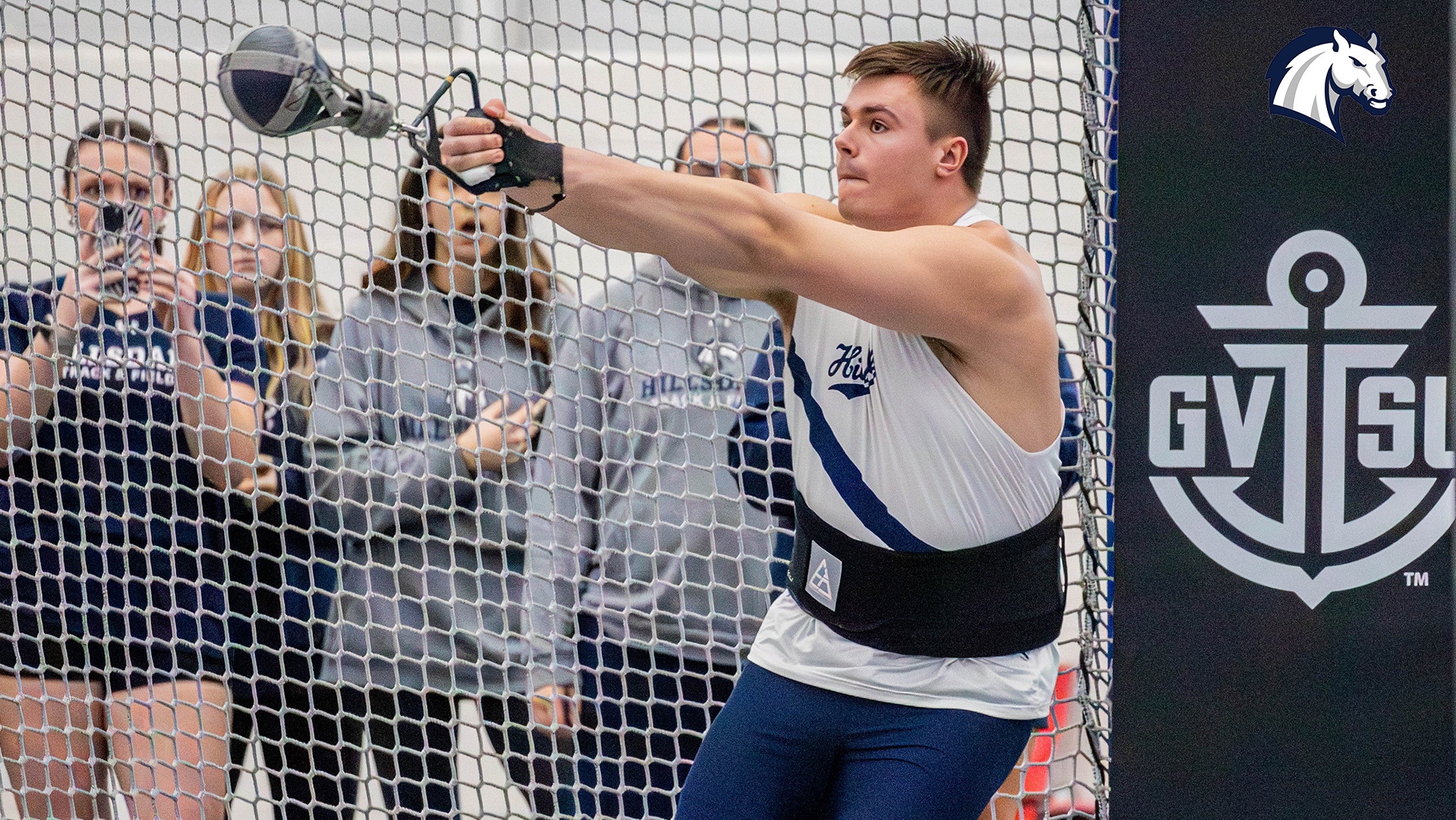 Hillsdale's Ben Haas competes in the weight throw at the 2026 GVSU Big Meet on Feb. 13.