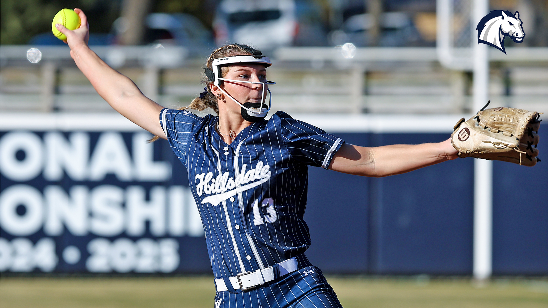 Hillsdale's Grace Harris goes through her pitching windup during a game at Texas-Tyler on Feb. 6, 2026.