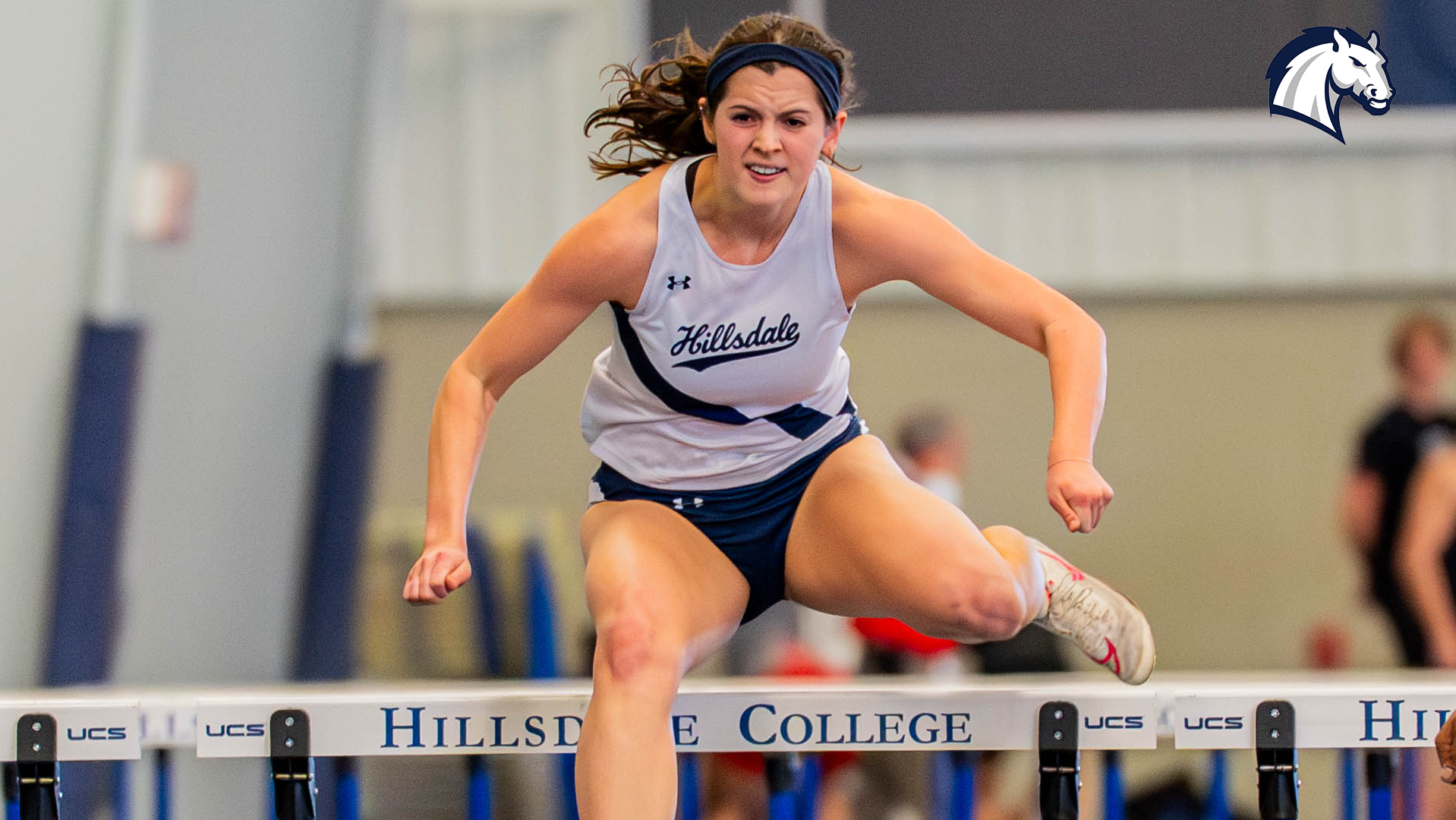 Hillsdale's Sarah Chappelle competes in the 60m hurdles during the Wide Track Classic in Hillsdale on Jan. 23, 2026