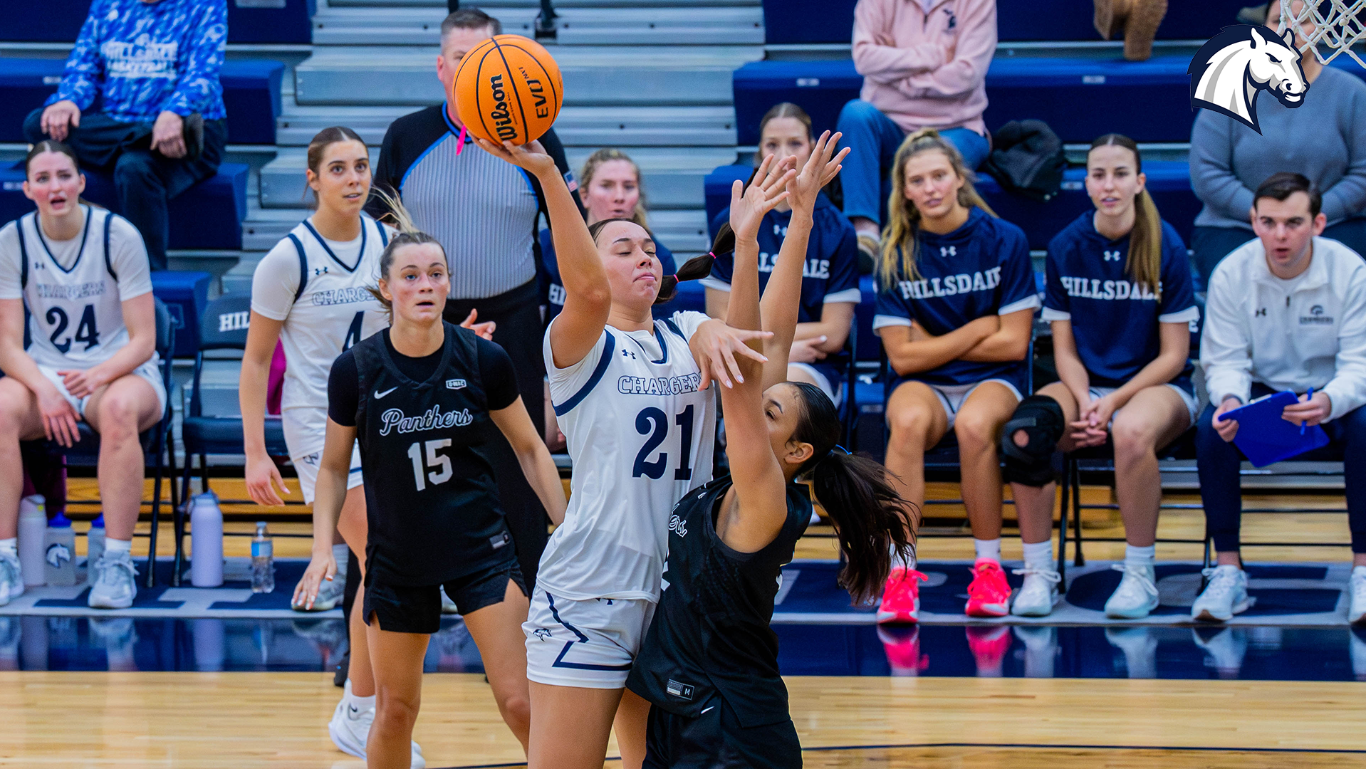 Hillsdale's Savannah Smith finishes through contact in the post during a game against Ohio Dominican on Feb. 7, 2026.