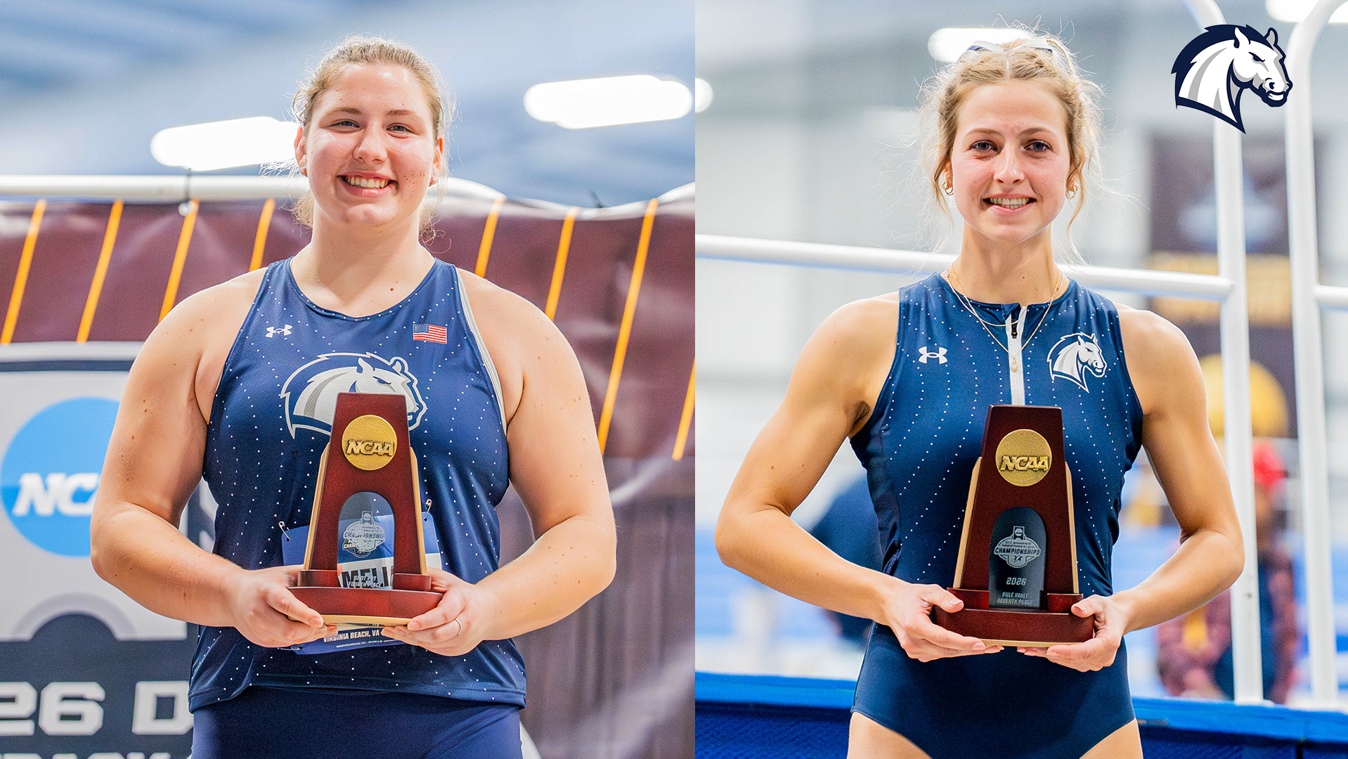 Hillsdale athletes Amelia Lutz and Tara Townsend pose with their trophies after earning All-American honors at the NCAA DII Indoor Championships on March 14, 2026.