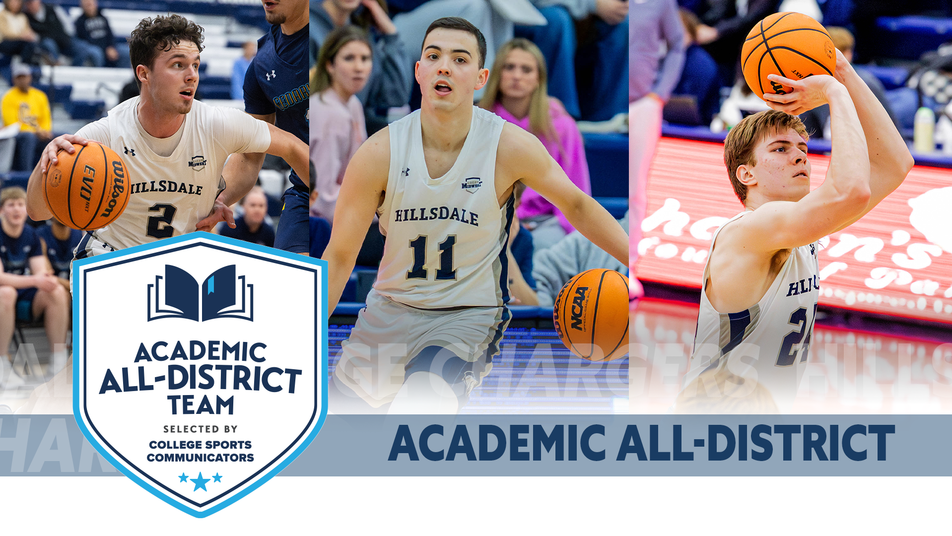 Hillsdale's 2025-26 CSC Academic All-District honorees (from left) Ashton Janowski, Cole McWhinnie and Garrett Bolte.