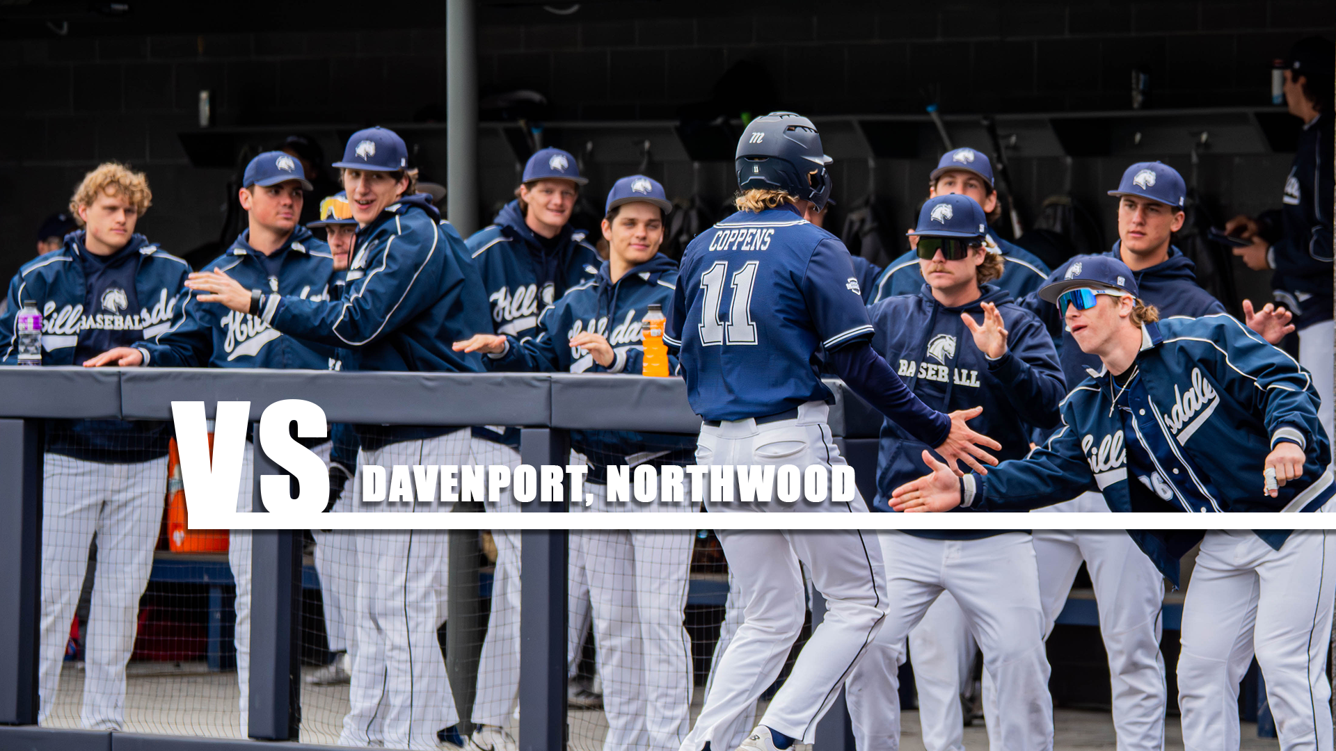 Hillsdale's bench celebrates Nolan Coppens (11) after scoring a run against ODU on March 29, 2026.