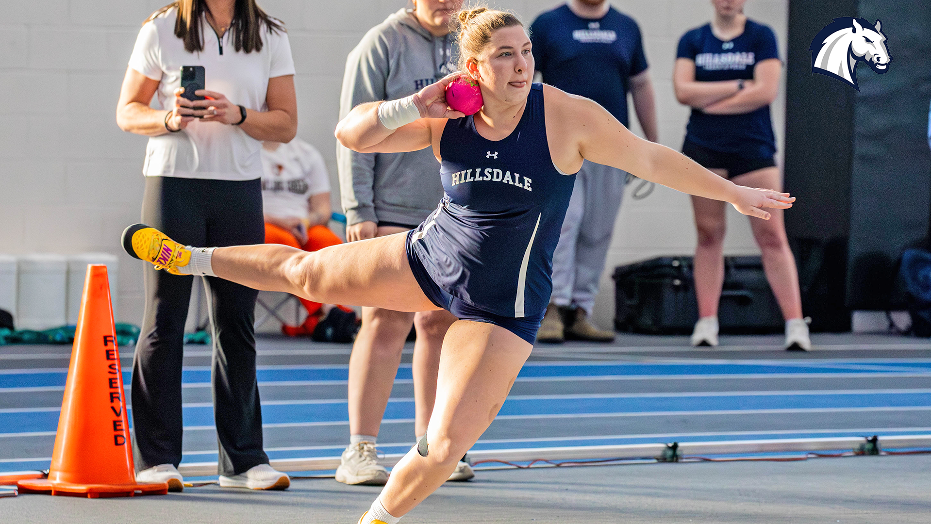 Hillsdale's Amelia Lutz competes in the shot put at the GVSU Big Meet in February of 2026.