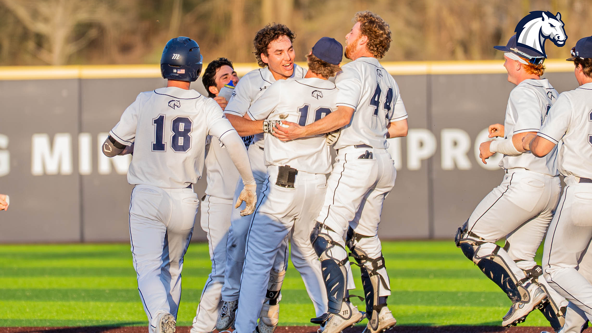 Hillsdale players mob Jake Figman in celebration after the sophomore's walk-off single against Wayne State on April 14, 2026.