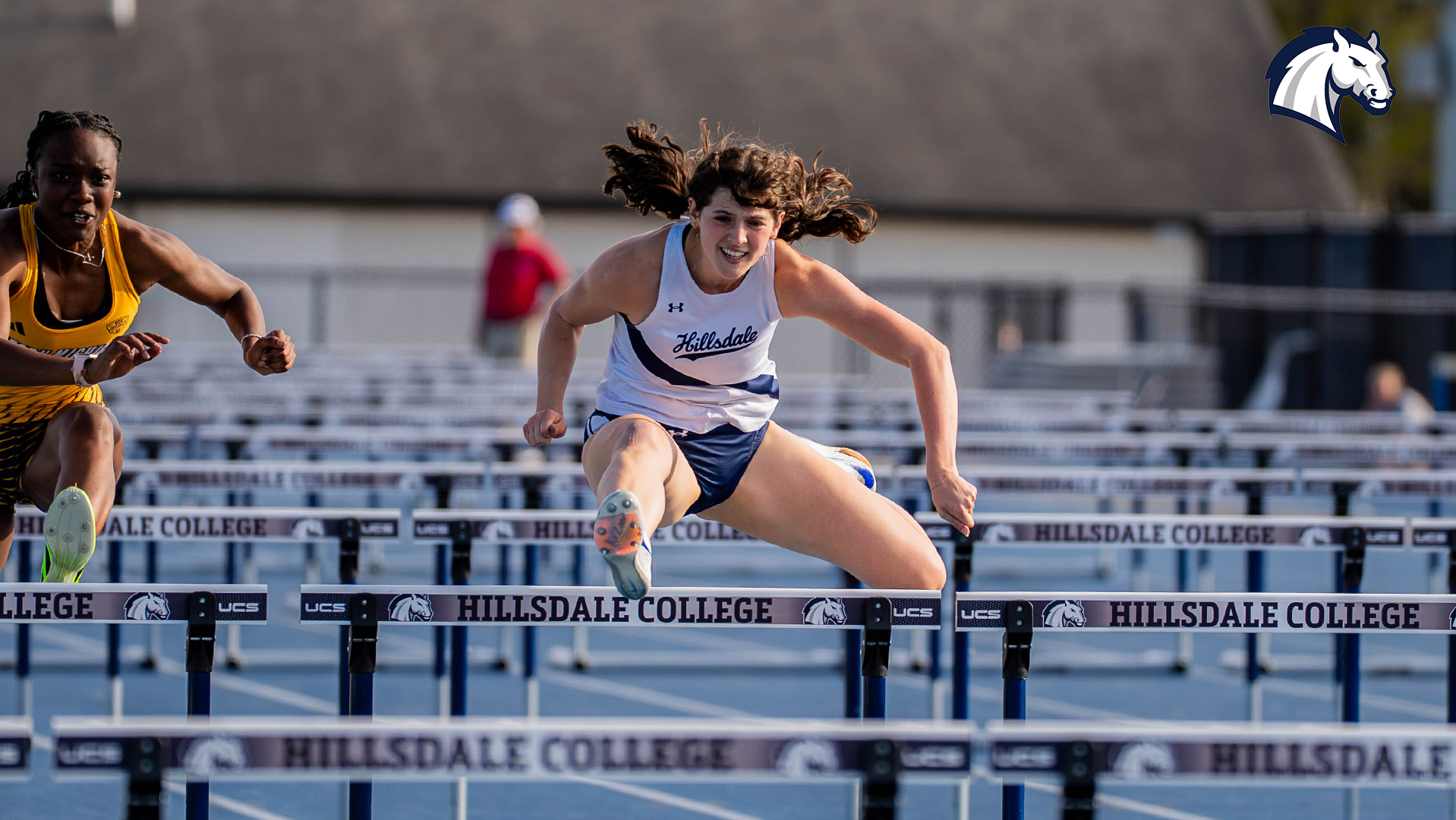 Hillsdale's Sarah Chappelle clears hurdles during the 100m hurdle race at the 56th Annual GINA Relays on April 17, 2026.