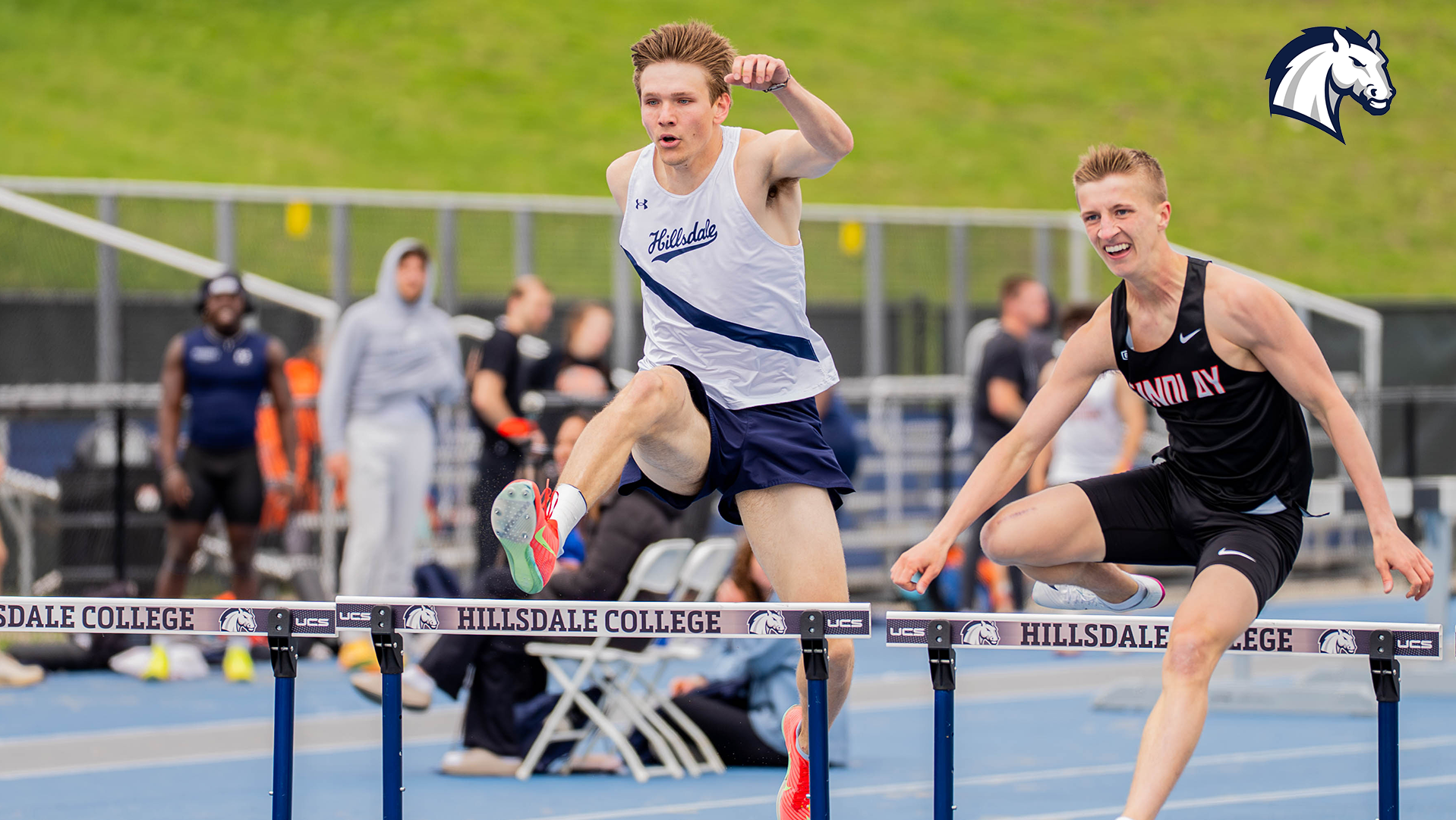 Hillsdale's Zealand Tarrant competes in the 400m hurdles at the Hillsdale Tune-Up Invite on April 25, 2026.