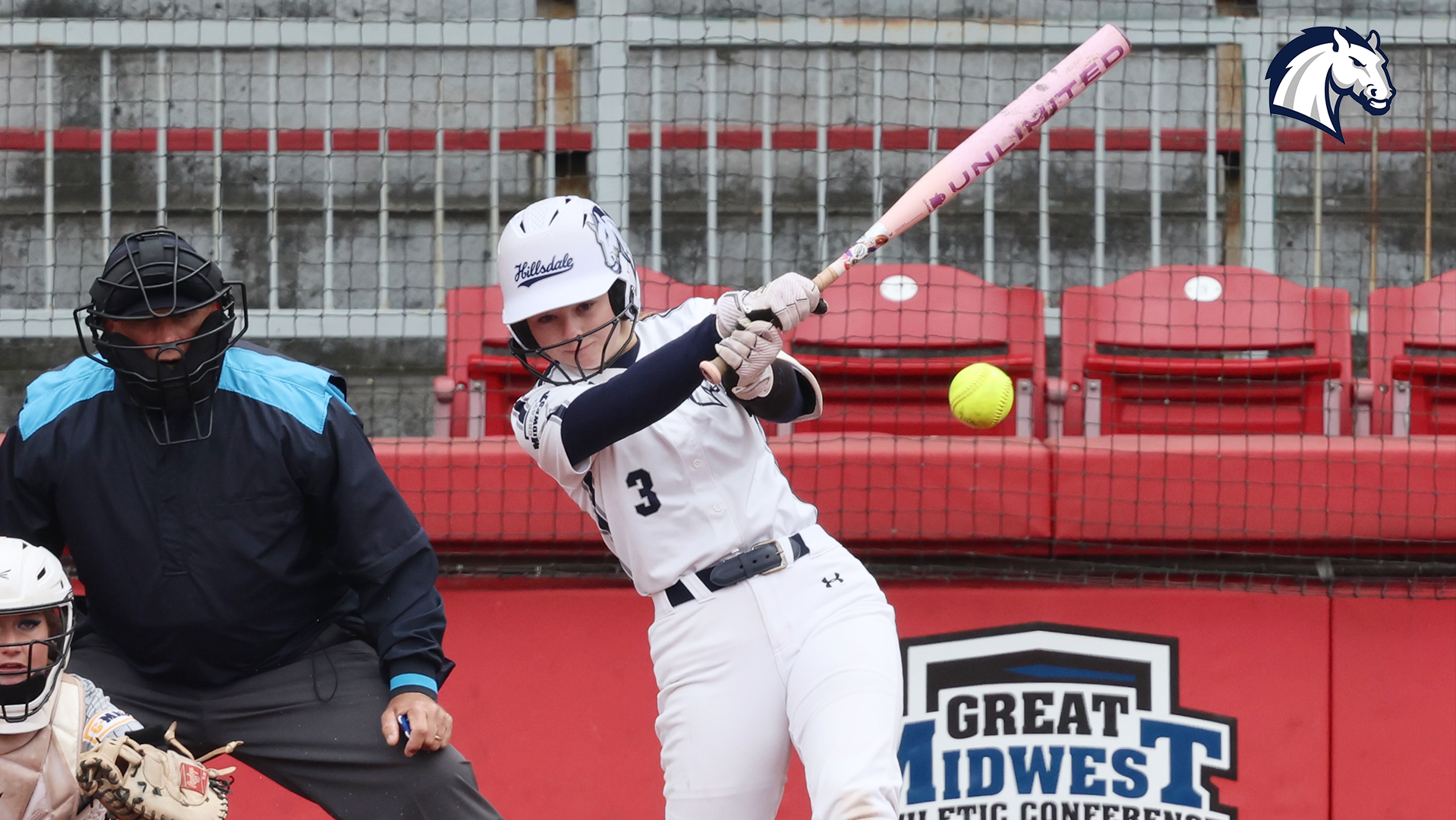 Hillsdale's Nathalie Hagle puts a ball in play during a G-MAC Tournament game against Cedarville on April 30, 2026.