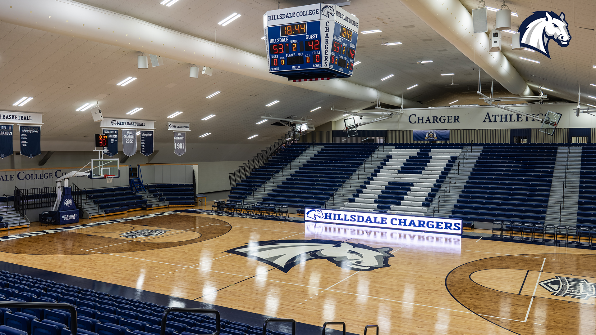 Shot of Hillsdale's Dawn Tibbetts Potter Arena, set up for a basketball game.