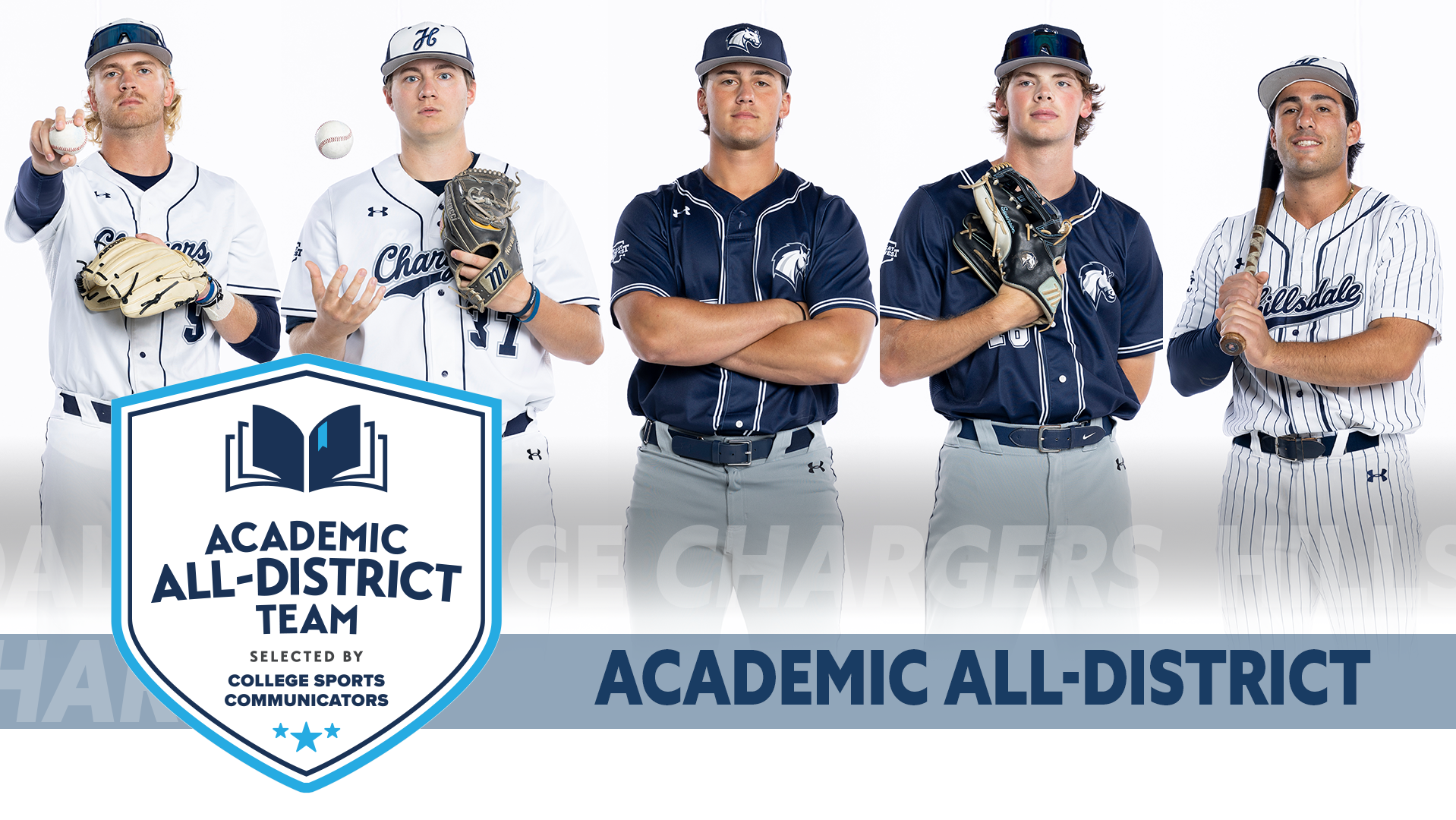 2026 CSC Baseball Academic All-District honorees -- from left: Aaron Jasiak, Josh Novak, Brenden Smith, Gaard Swenson, Rocco Tenuta.