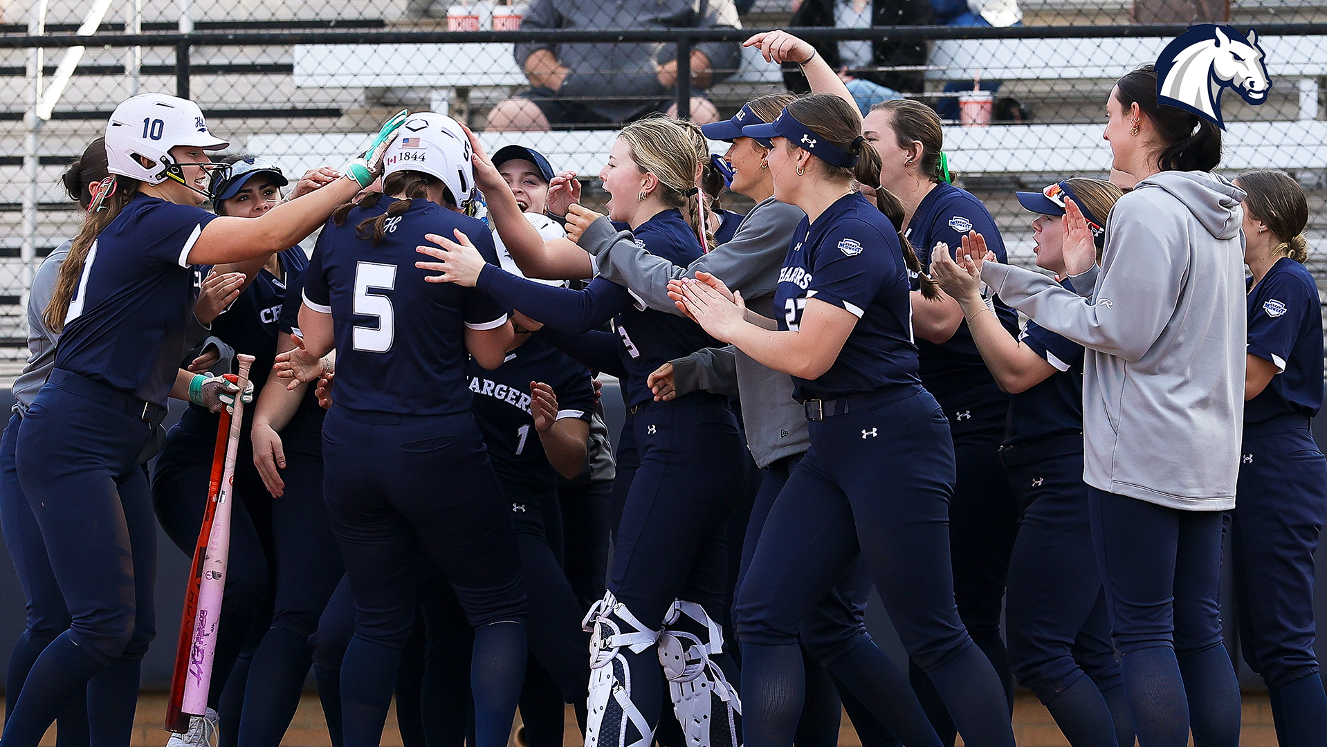 Hillsdale's players celebrate a home run during a game at UT-Tyler in February of 2026.