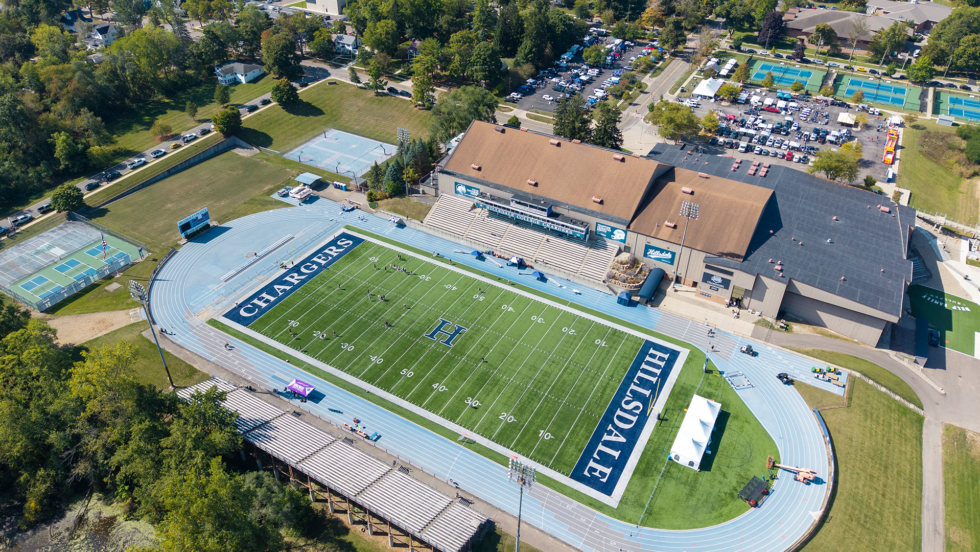 Drone photo of the Roche Sports Complex and Frank 