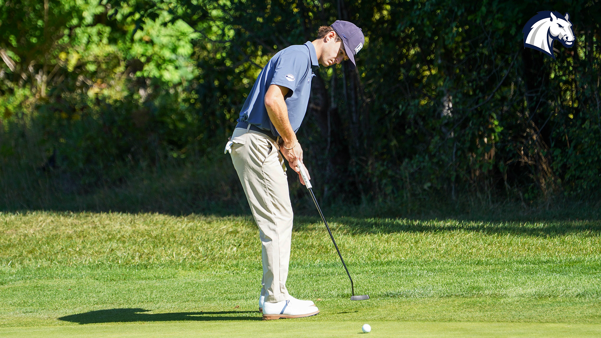 Hillsdale's John Cassiday hits a putt from the edge of the green during the Midwest/Central Regional Preview in Allendale, Michigan on Sept. 14, 2026.