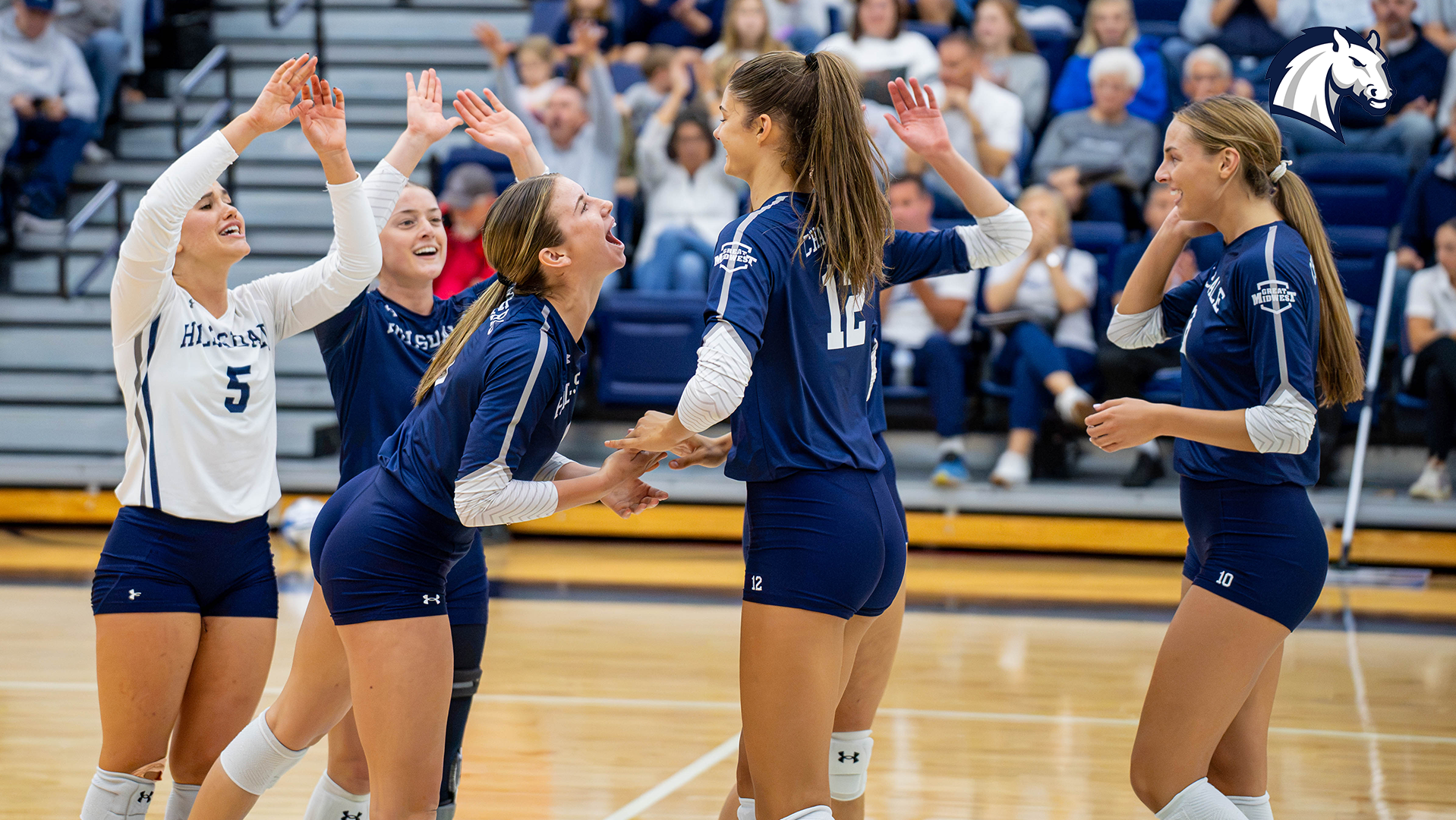 Hillsdale players celebrate a point won against Kentucky Wesleyan on Sept. 25, 2026.