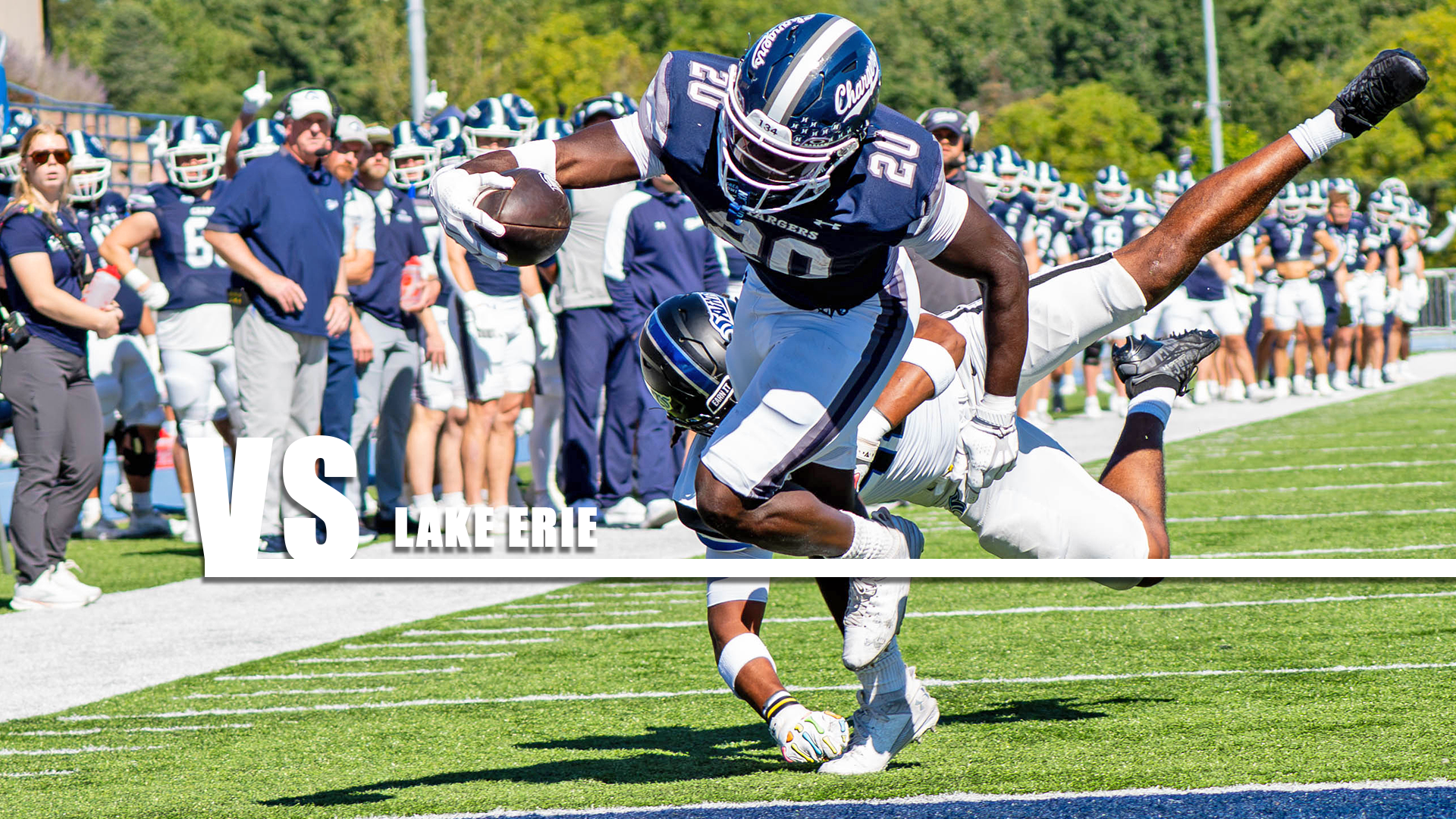 Hillsdale's Ben Ngishu stretches for the goal line for a touchdown against Thomas More on Sept. 26, 2026.