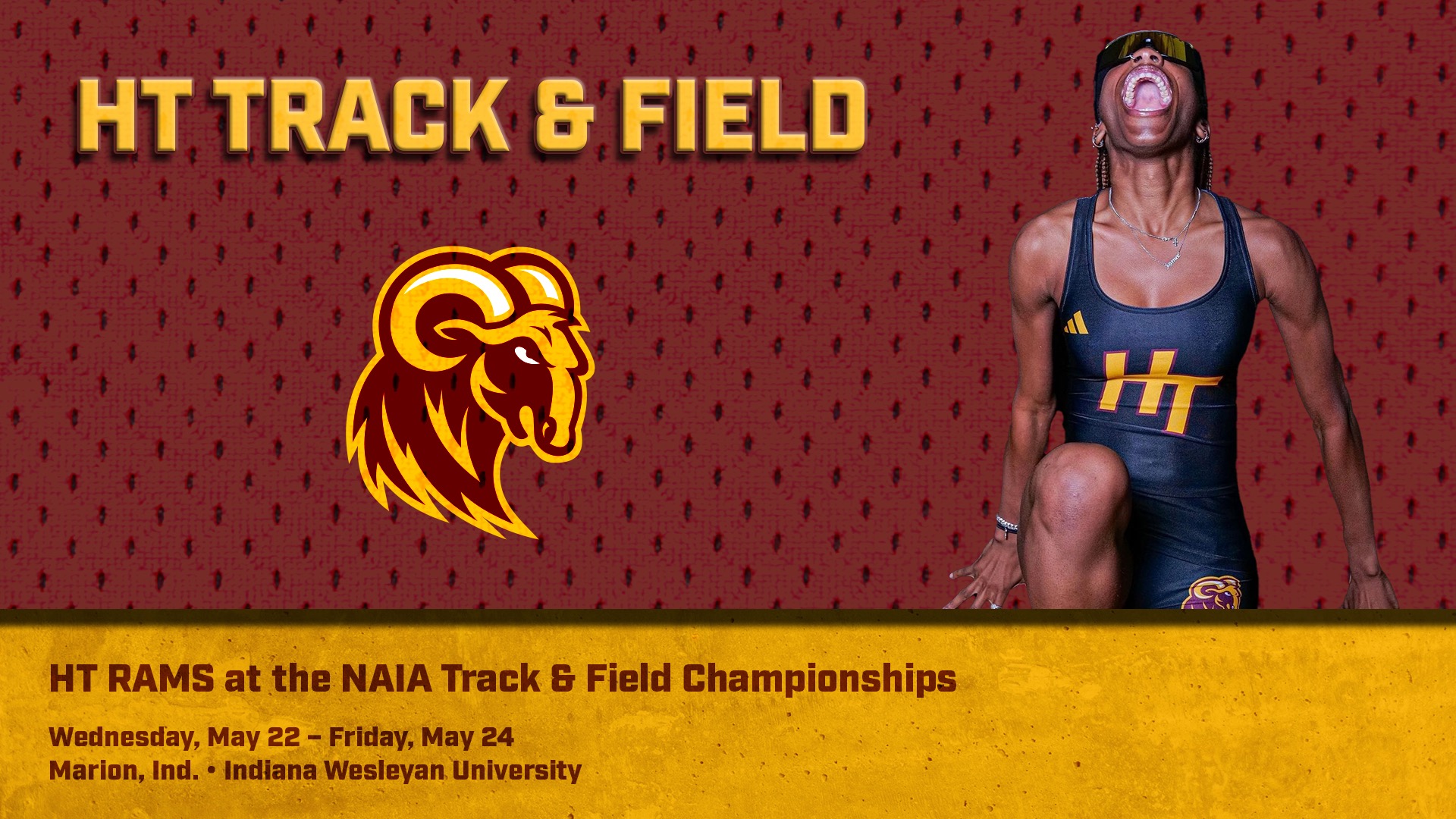 Jaymee Yelton simulates crossing the finish line