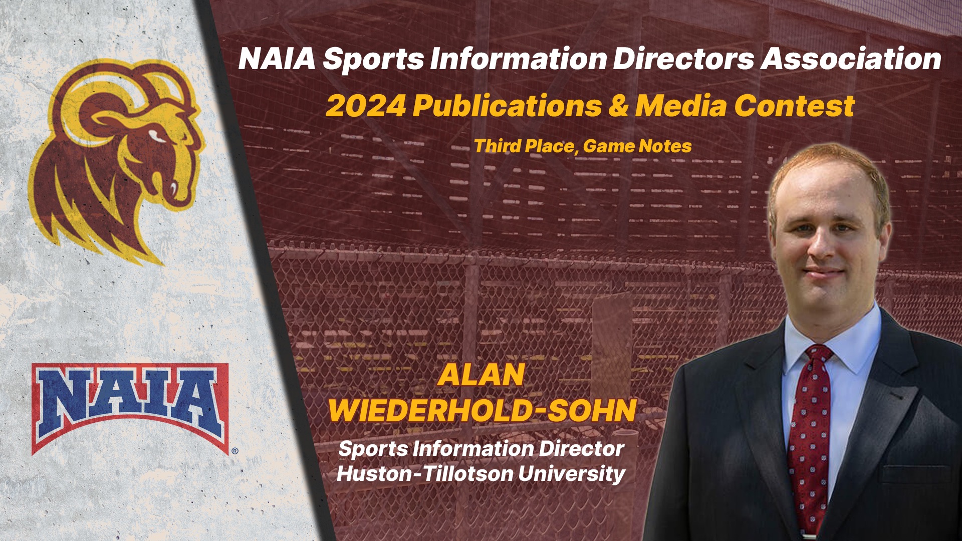 A picture of Alan Wiederhold-Sohn, HT's Sports Information Director, with the logos of HT and the NAIA