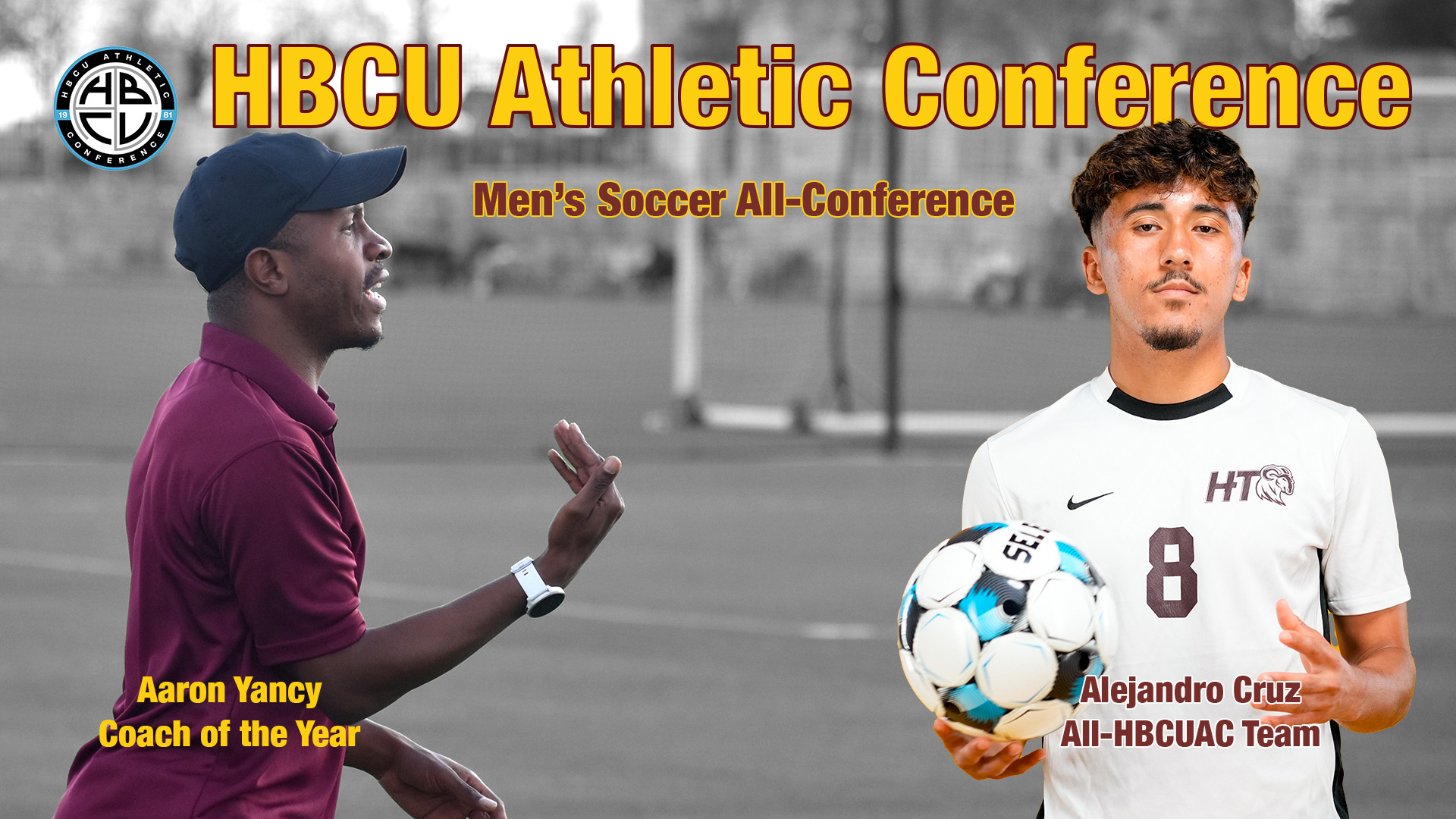 HBCU Athletic Conference All-Conference Men's Soccer - Aaron Yancy (HBCUAC Coach of the Year) giving instructions to his players on the field during a game. A posed shot of Alejandro Cruz (All-HBCUAC Team) not part of the original photo is added.