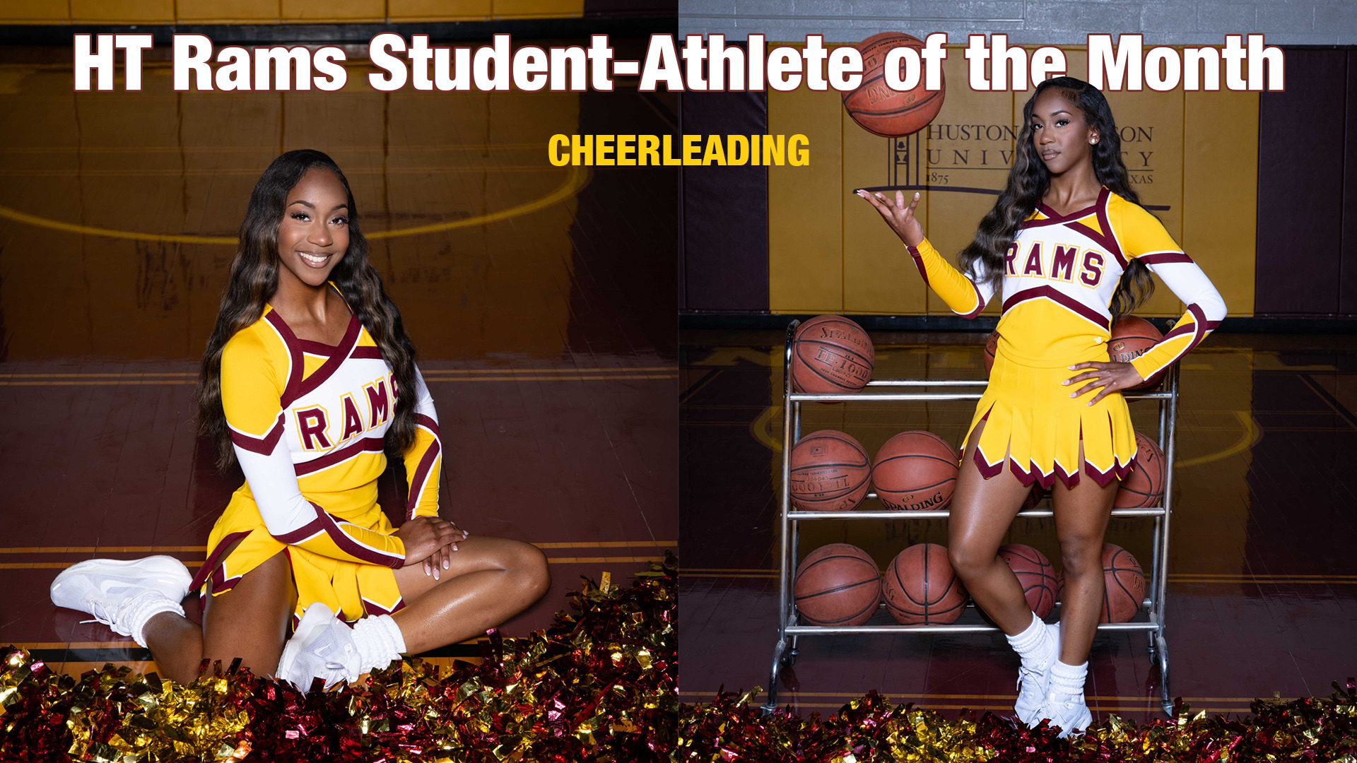 Two pictures of HT cheerleader Lorin Stewart: Left - sitting behind pompoms in her cheerleader uniform; Right - dressed in her cheerleader uniform while tossing a basketball to herself 