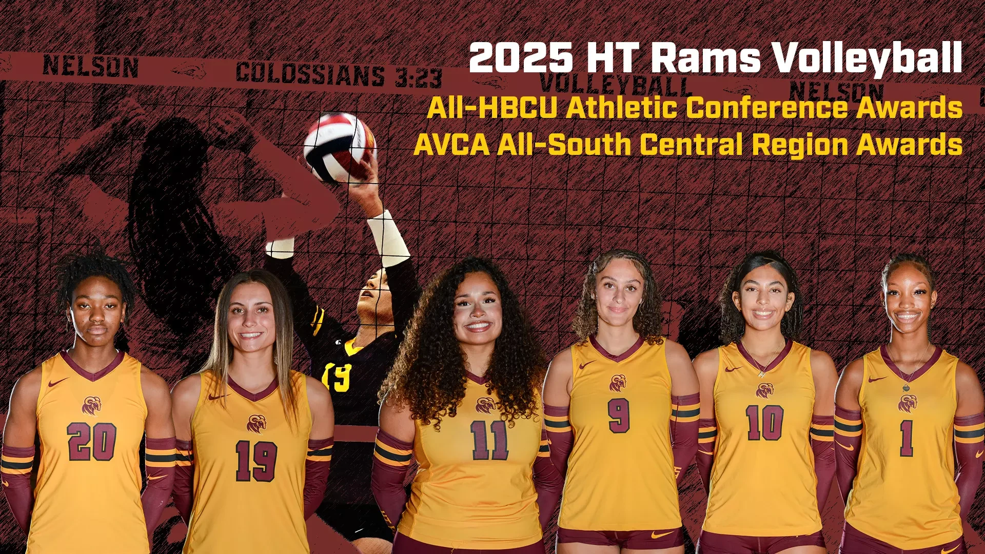 Posed portraits of HT volleyball players Lindsey Morris, Taylor Fisher, Chloe Gaytan, Jordis Taylor, Hayley Broussard, and Mackenzie Turner, against a backdrop of an action photo of Taylor Fisher digging an attack. The original photo was filtered to a charcoal maroon-and-black sketch, except for Fisher.