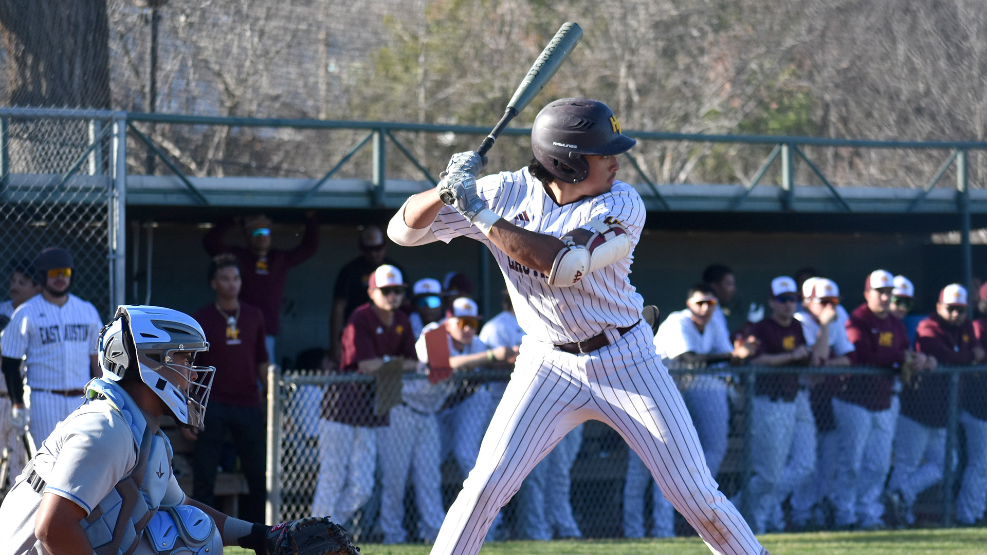 Noah Alvarez waits for a pitch during the Feb. 1 doubleheader against Bethany (Kan.)