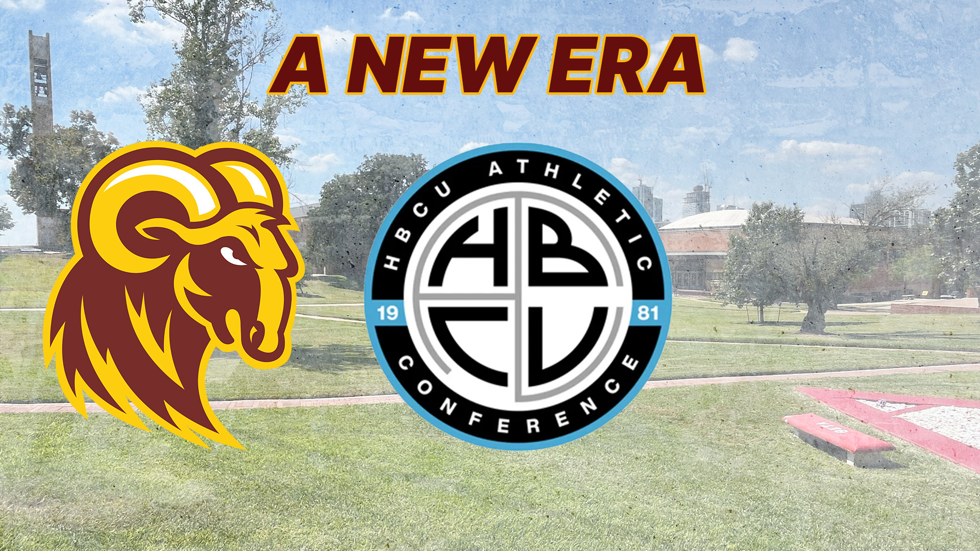 The HT athletics logo and the HBCU Athletic conference logo on top of a picture of the HT campus, under the words 