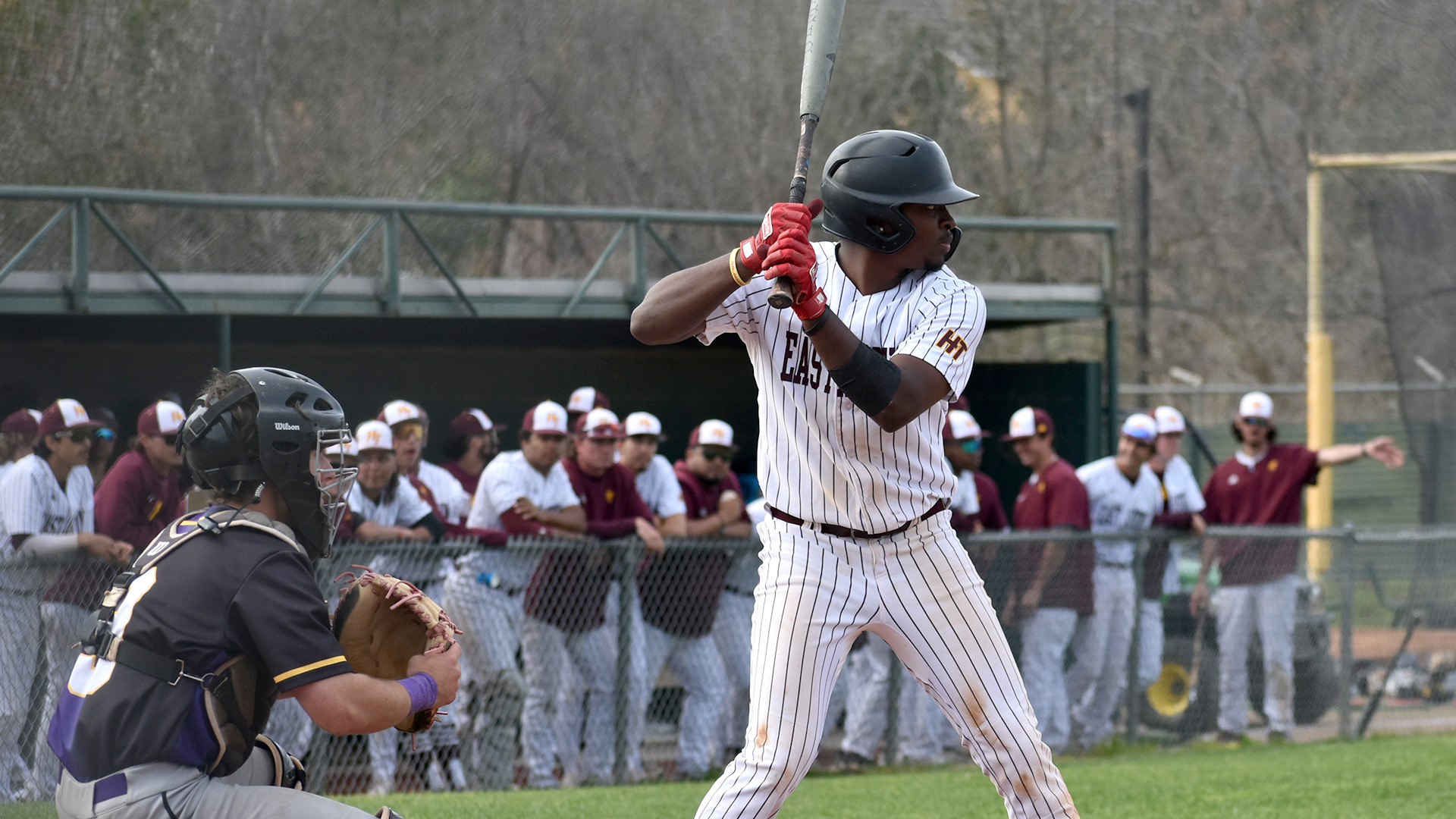 Kendall Brown awaits a pitch from Texas College's pitcher