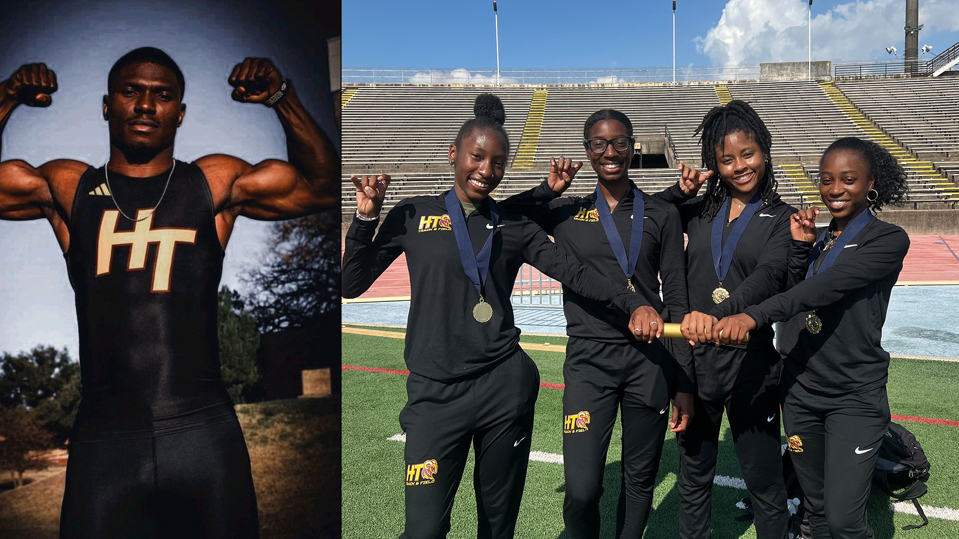 A picture of Emmanuel Idris next to a picture of the women's 400-meter relay team