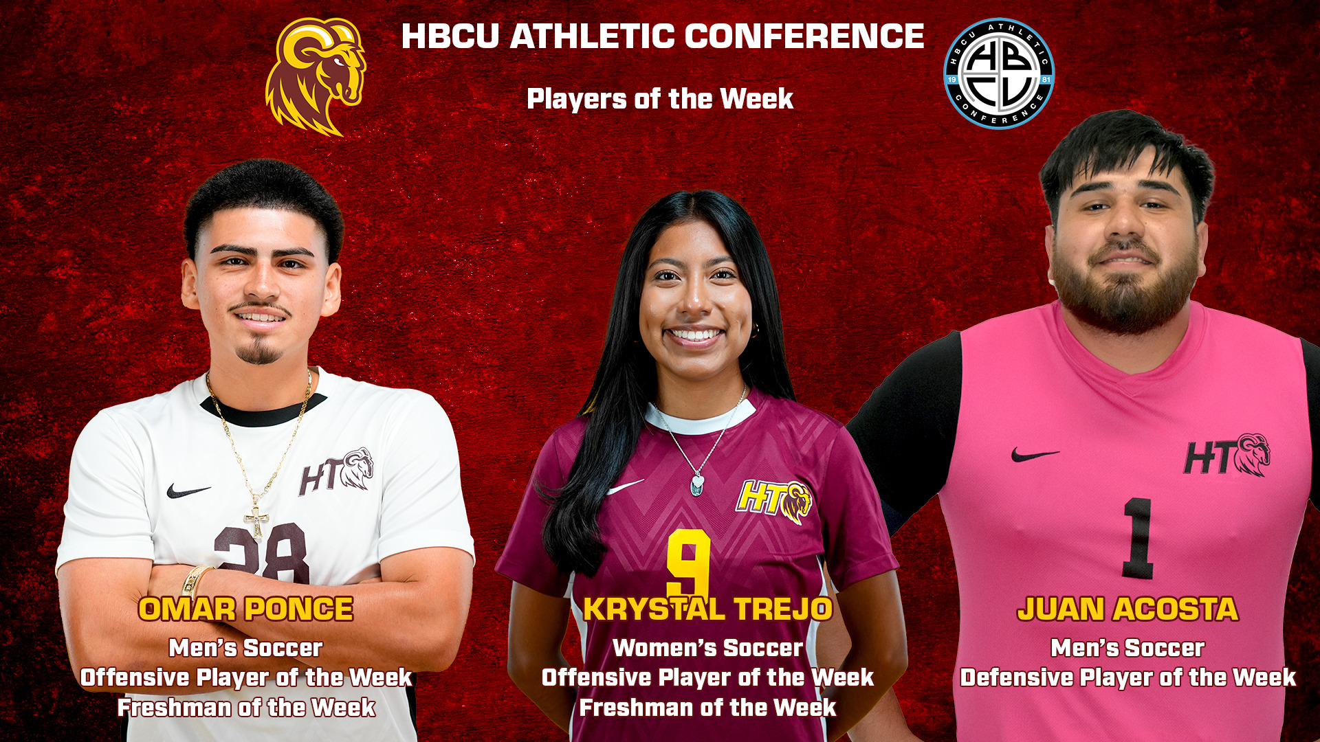 Portraits of soccer players Omar Ponce, Krystal Trejo, and Juan Acosta. All three players earned weekly honors from the HBCU Athletic Conference