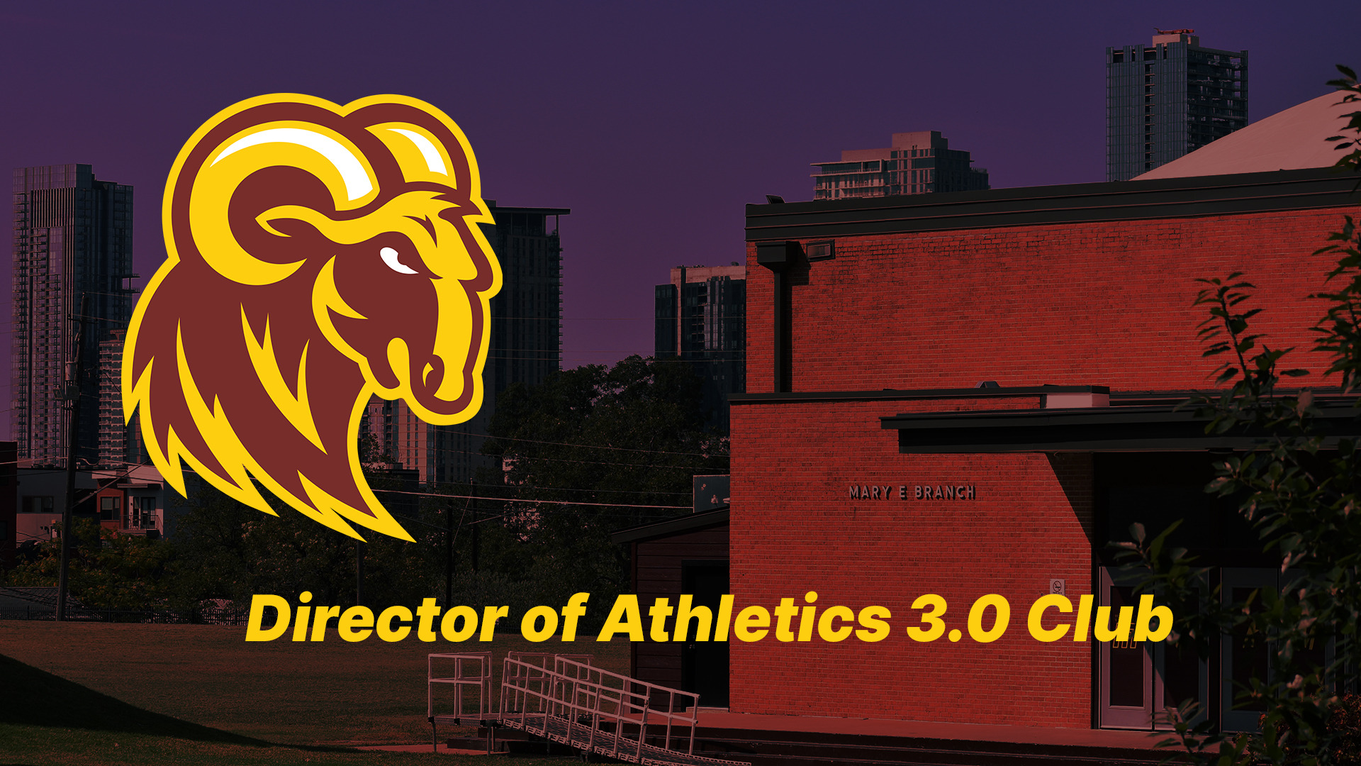 The Ram logo in front of a darkened photo of Branch Gymnasium to the right and the Austin skyline in the background. The words 