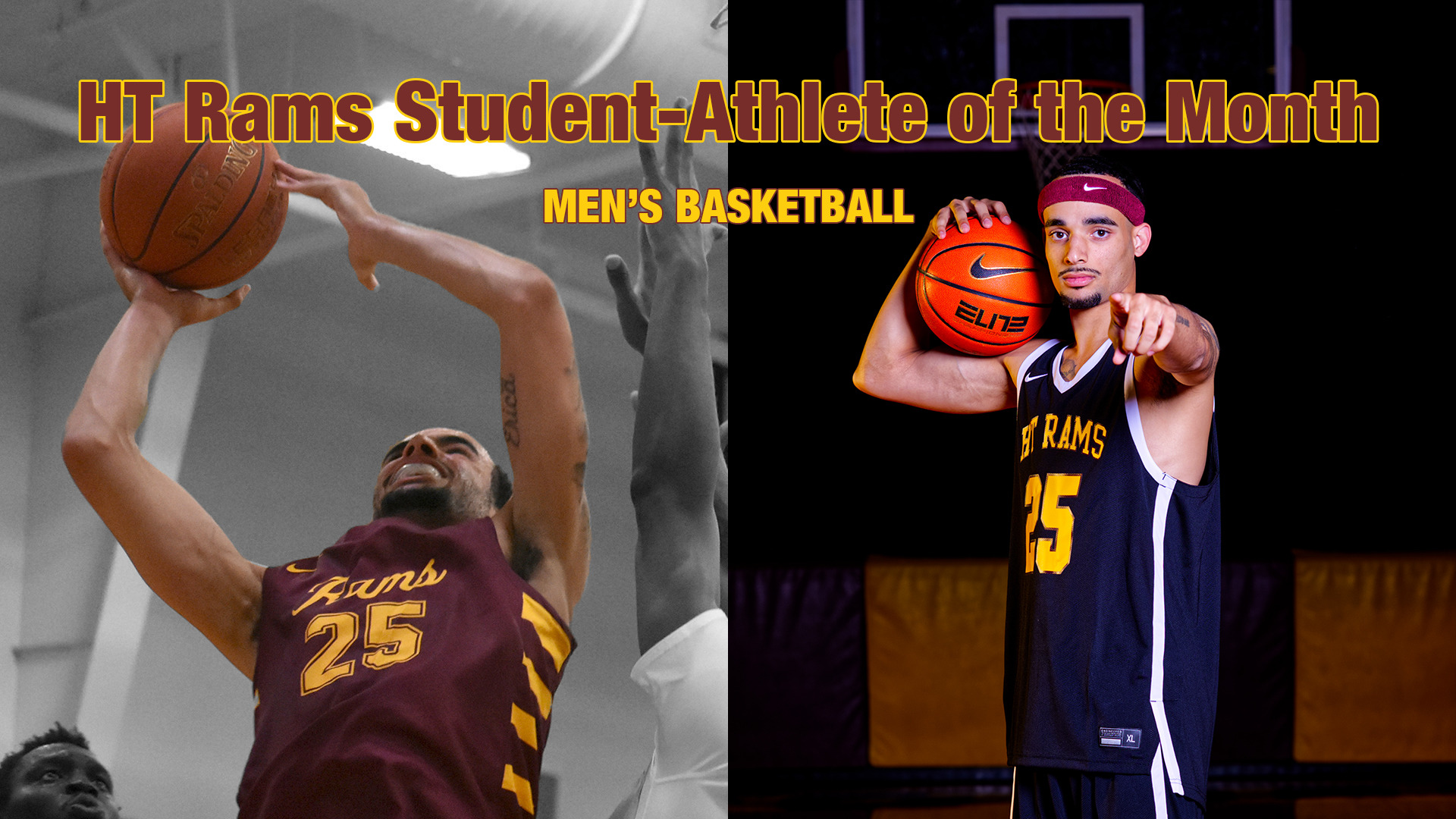 HT Rams Student-Athlete of the Month: Men's Basketball (Cade Holzman) - An action shot of Cade Holzman going up for a contested layup, and a posed shot of Cade pointing at the camera in his basketball uniform