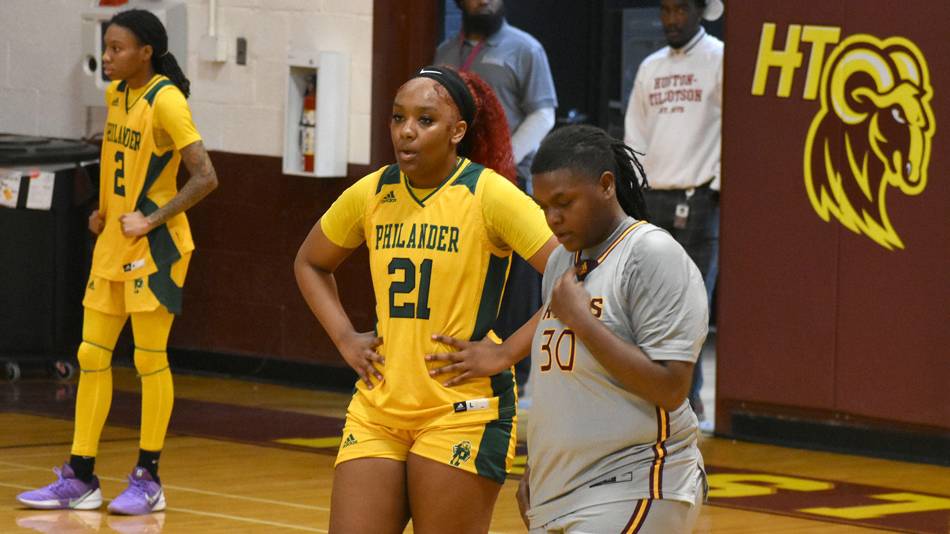 Wilashia Burleson (right) and Philander Smith's Samya Johnson prepare for the basketball to be inbounded