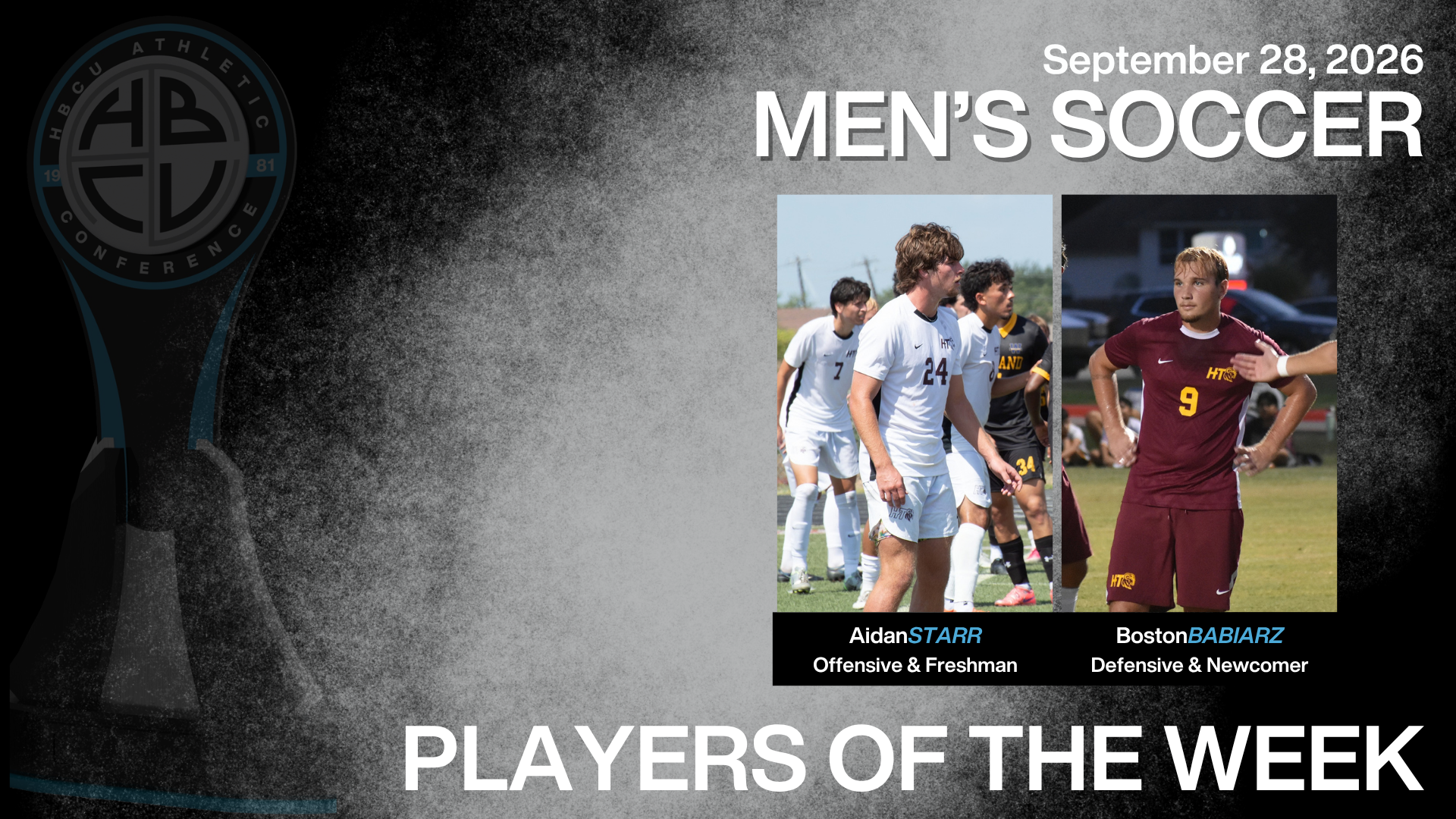 Aidan Starr (left) and Boston Babiarz (right) sweep the weekly HBCU Athletic Conference men's soccer awards
