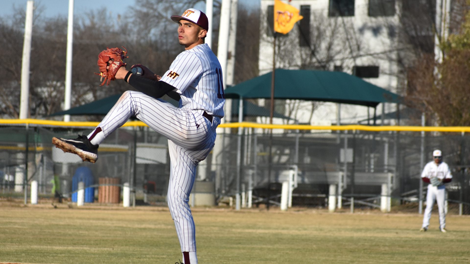 HT baseball pitcher Evan Mendoza winds up for a pitch in a home game early in the 2026 season