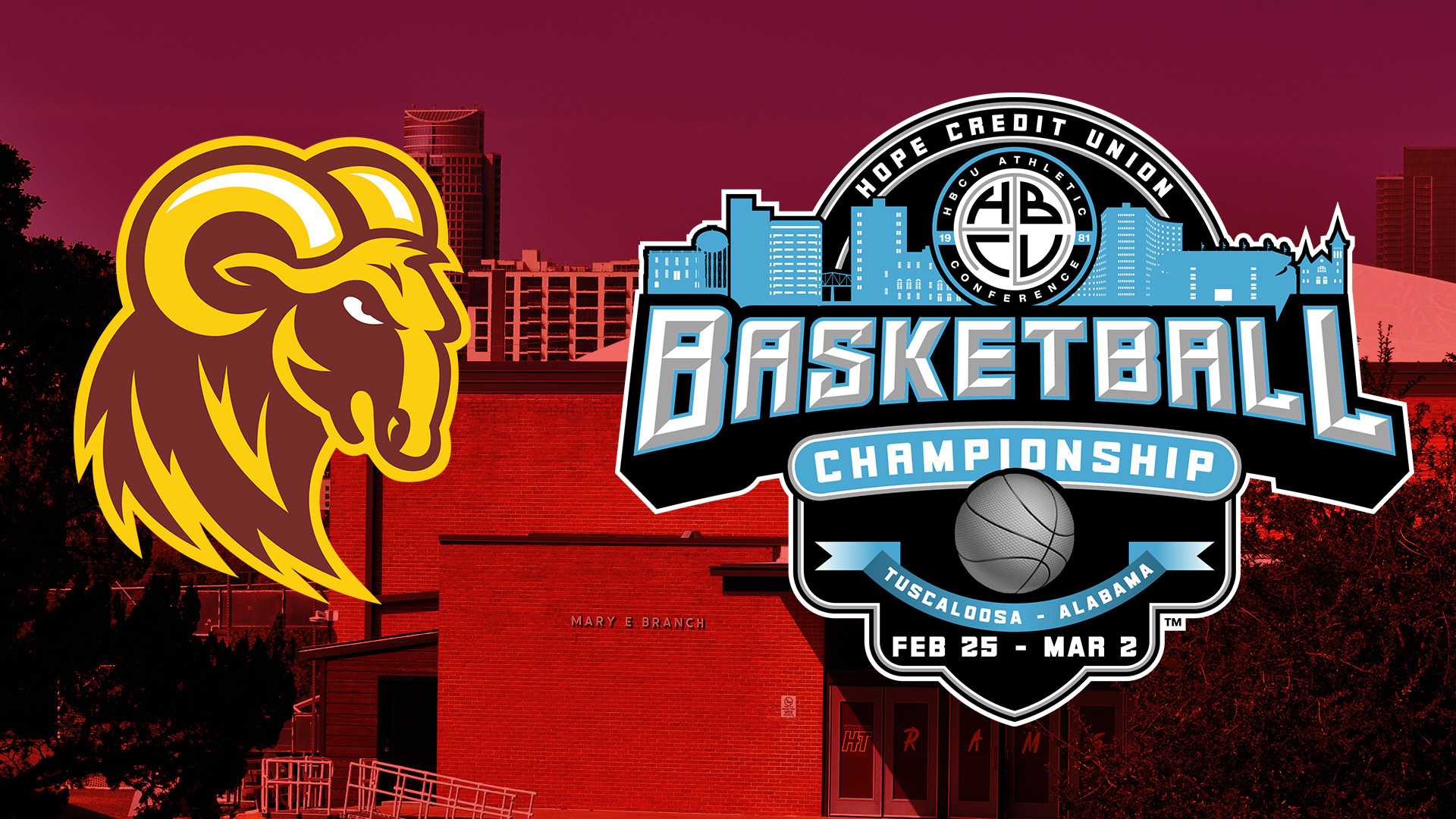 The HT logo and the HBCU Athletic Conference basketball tournament logo on top of a picture of Branch Gymnasium