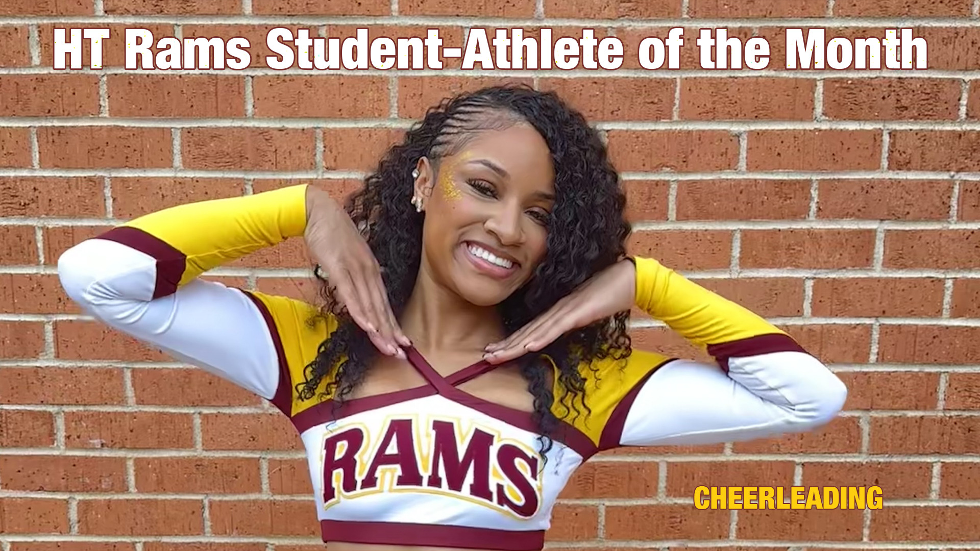 HT cheerleader Joryan Harper poses in uniform. The words 