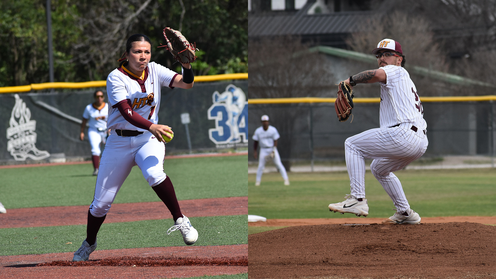 Left: Softball pitcher Alexis Tamez winds up for a pitch. Right: Baseball pitcher Weston Bailey winds up for a pitch
