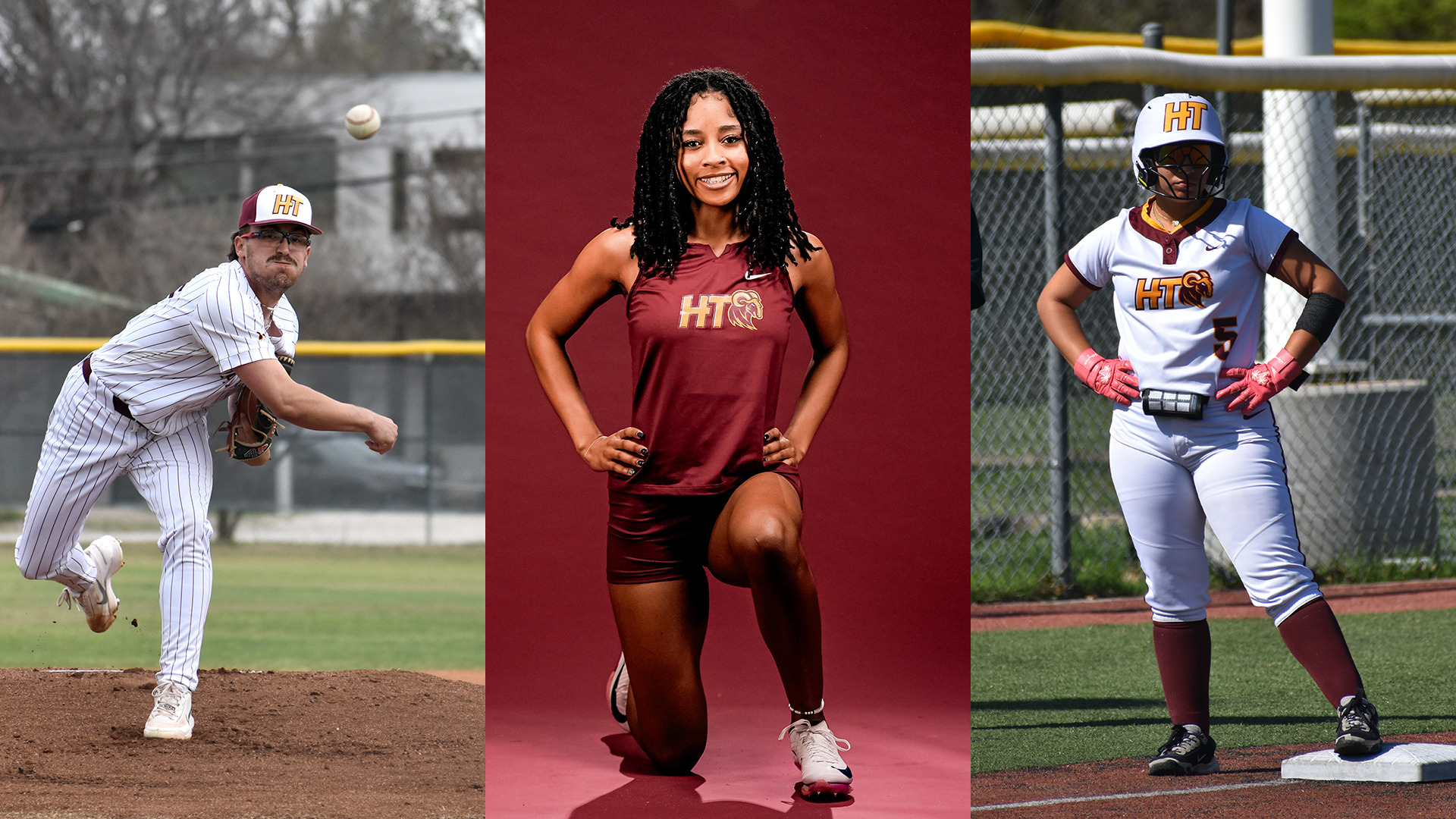 Left: HT baseball pitcher Weston Bailey throws a pitch. Center: HT women's track athlete Chaleica Booker poses during media day. Right: HT softball player Alayali Alaniz stands at third base during a game.