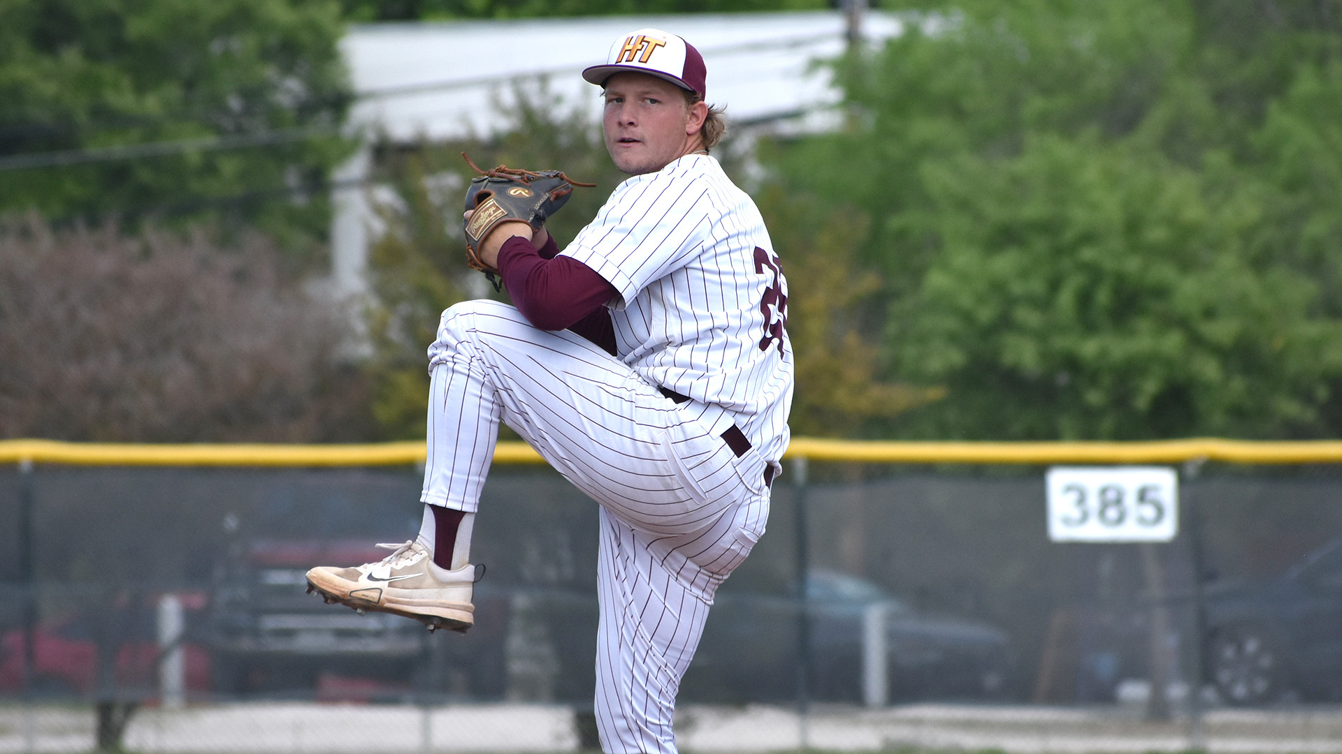 HT baseball player Ethan Walker winds up for a right-handed pitch in the opening game of the Rams' home doubleheader against Philander Smith (Ark.)