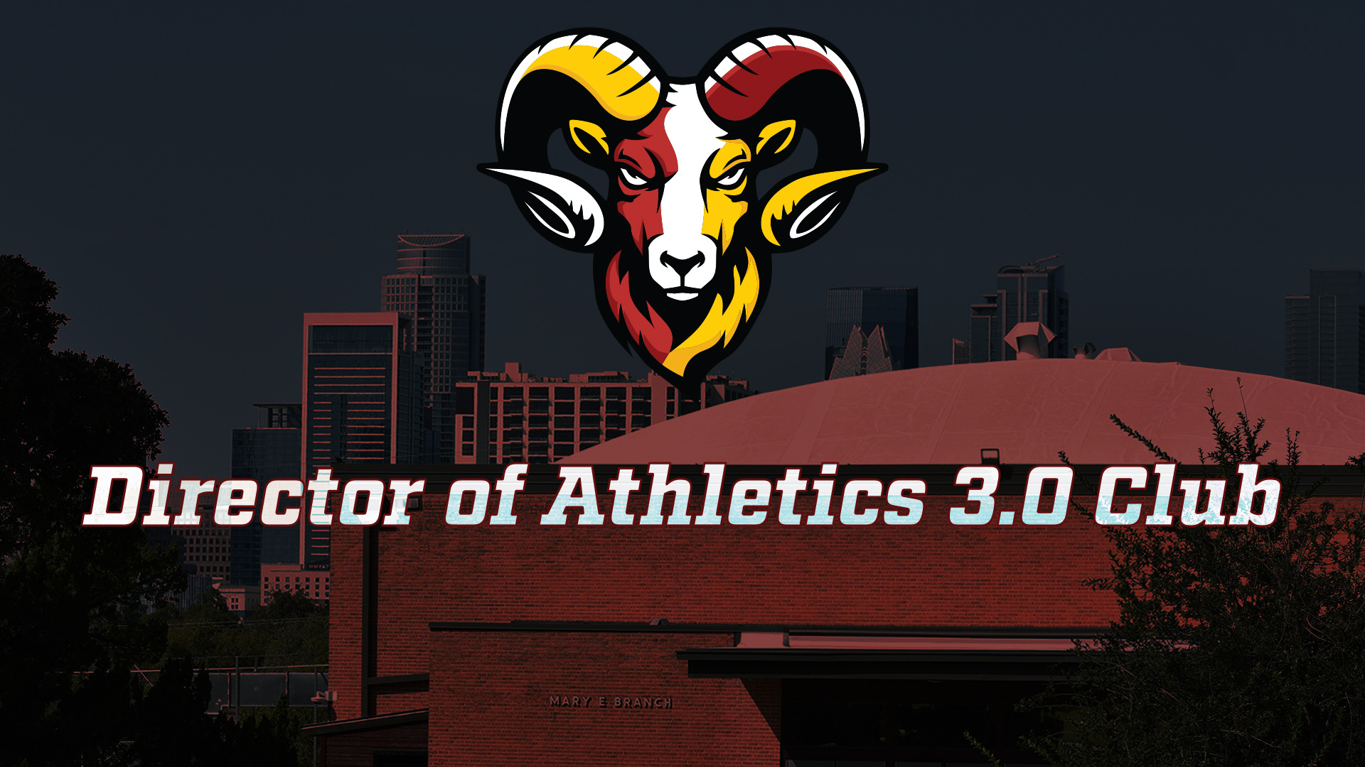 The Ram logo in front of a darkened photo of Branch Gymnasium to the right and the Austin skyline in the background. The words 