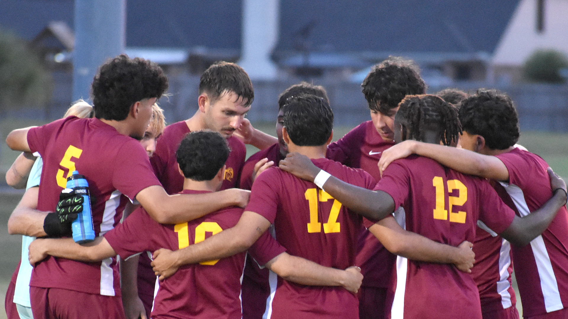 Starters for Huston-Tillotson's men's soccer team huddles together for a pre-game talk prior to the start of their match against North American (Sept. 3, 2026)