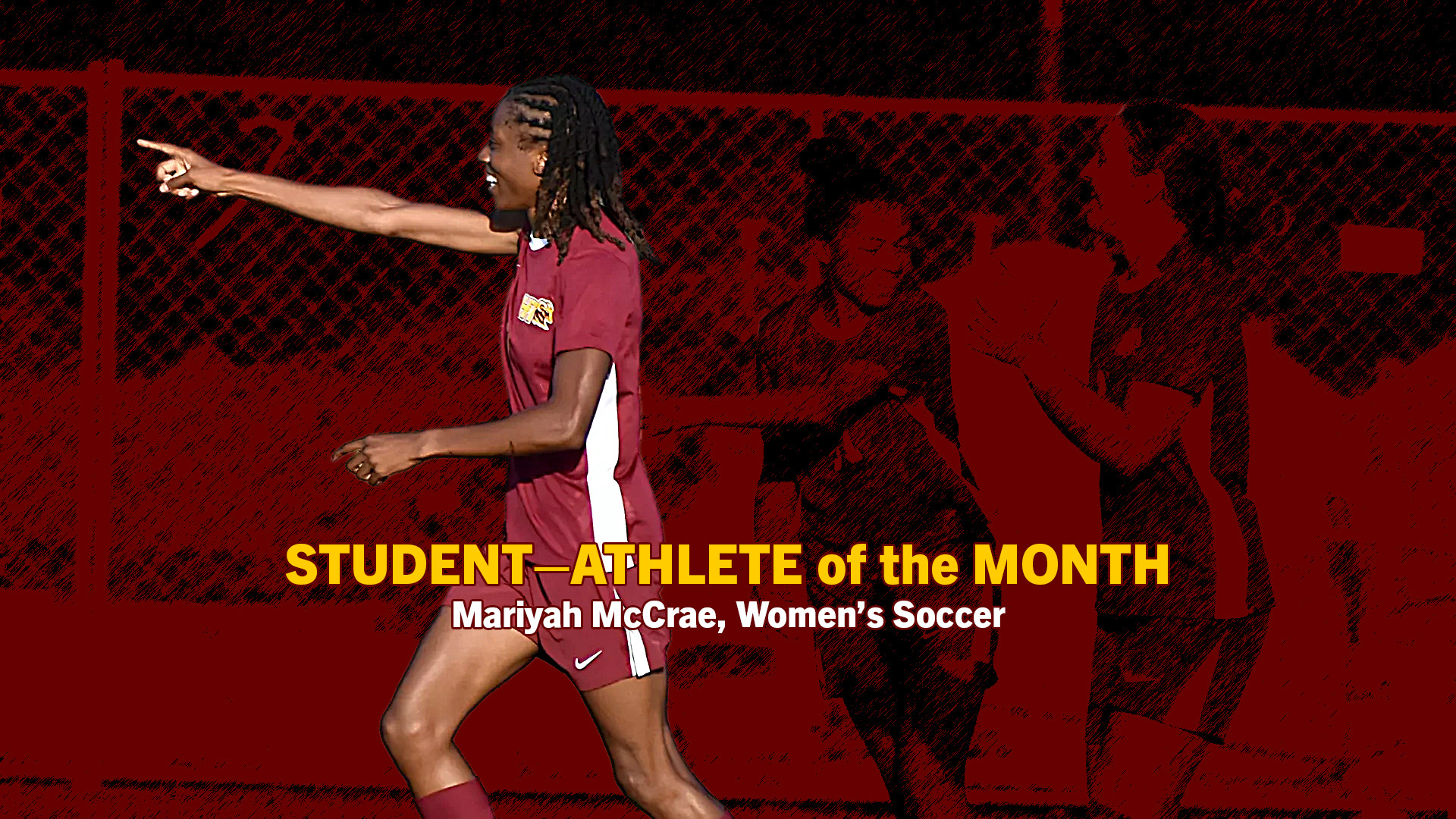 Mariyah McCrae points to her bench after scoring a goal during an HT women's soccer match. McCrae is unedited in the photo, while the rest of the photo is blurred with Photoshop's Graphic Pen filter